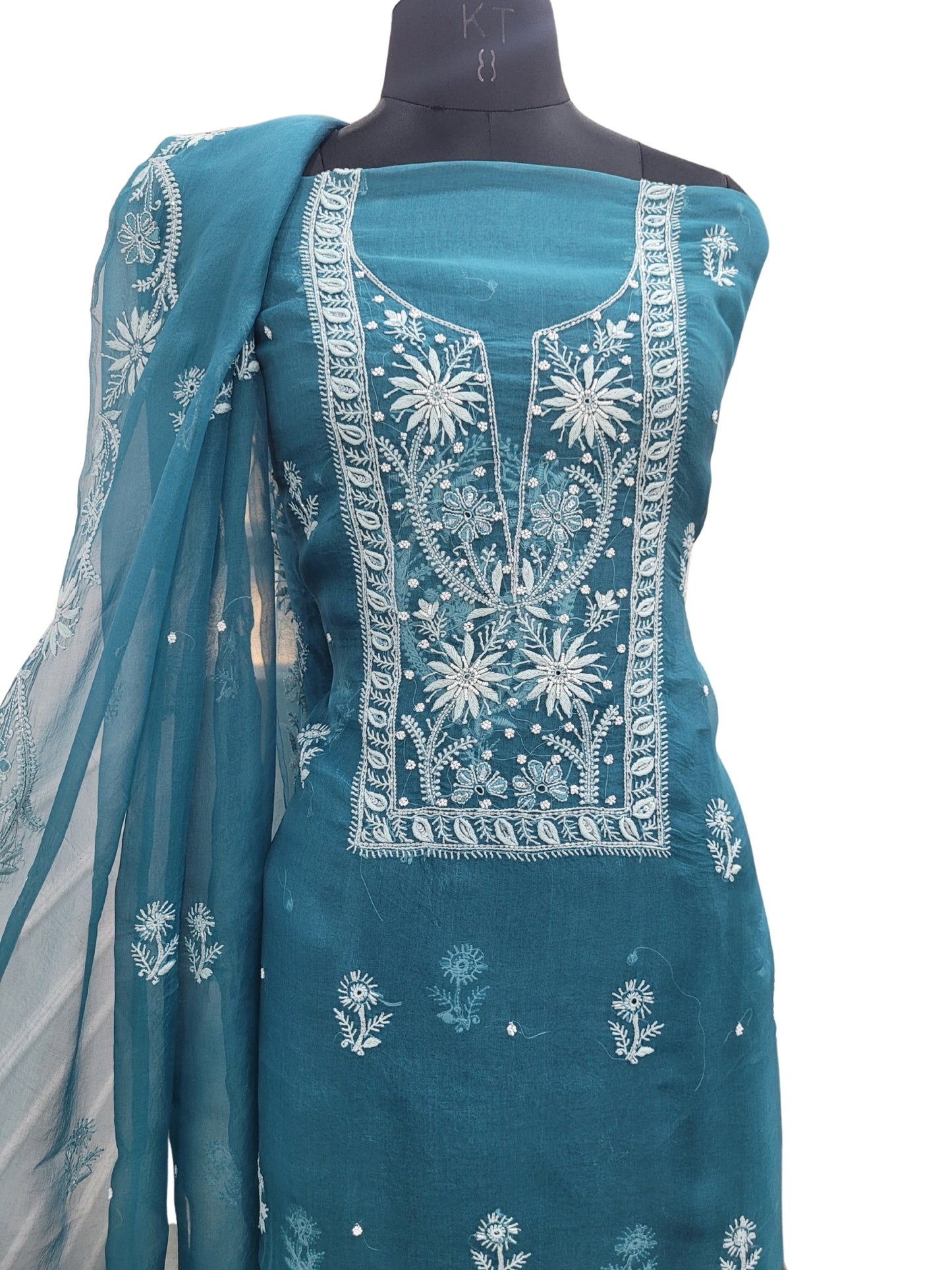 Shyamal Chikan Hand Embroidered Green Organza Lucknowi Chikankari Unstitched Suit Piece (Kurta Dupatta Set) With Pearl and Cutdana Work - S24063