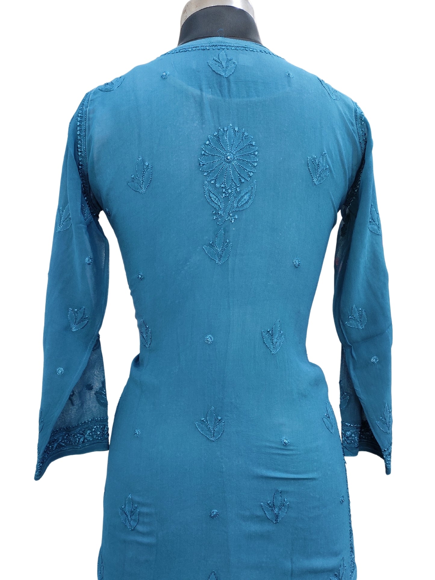 Shyamal Chikan Hand Embroidered Peacock Blue Viscose Georgette Lucknowi Chikankari Short Top - S26110