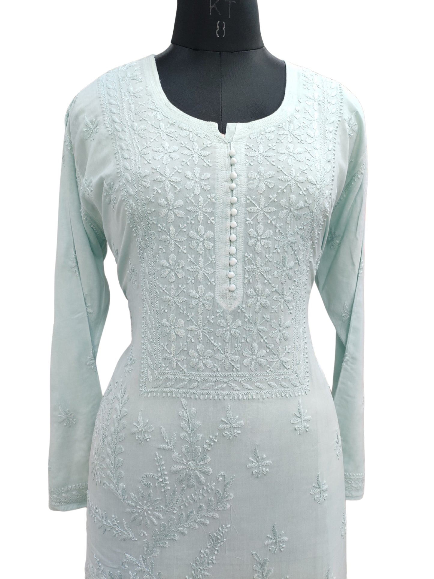 Shyamal Chikan Hand Embroidered Sea Green Modal Cotton Lucknowi Chikankari Kurti - S24690