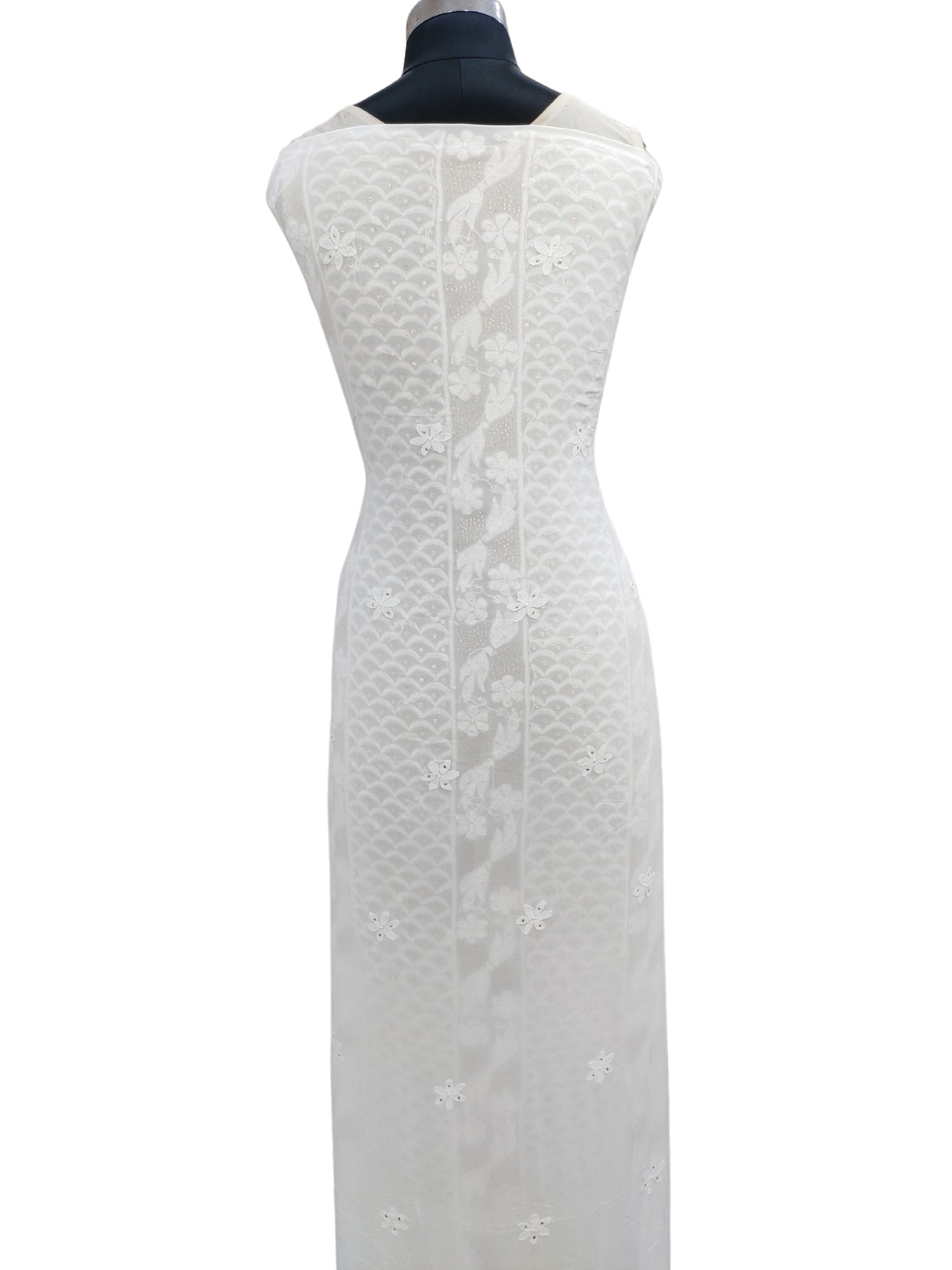 Shyamal Chikan Hand Embroidered White HQ Viscose Georgette Lucknowi Chikankari Unstitched Suit Piece With Mukaish Work ( Kurta Dupatta Set ) - S20538