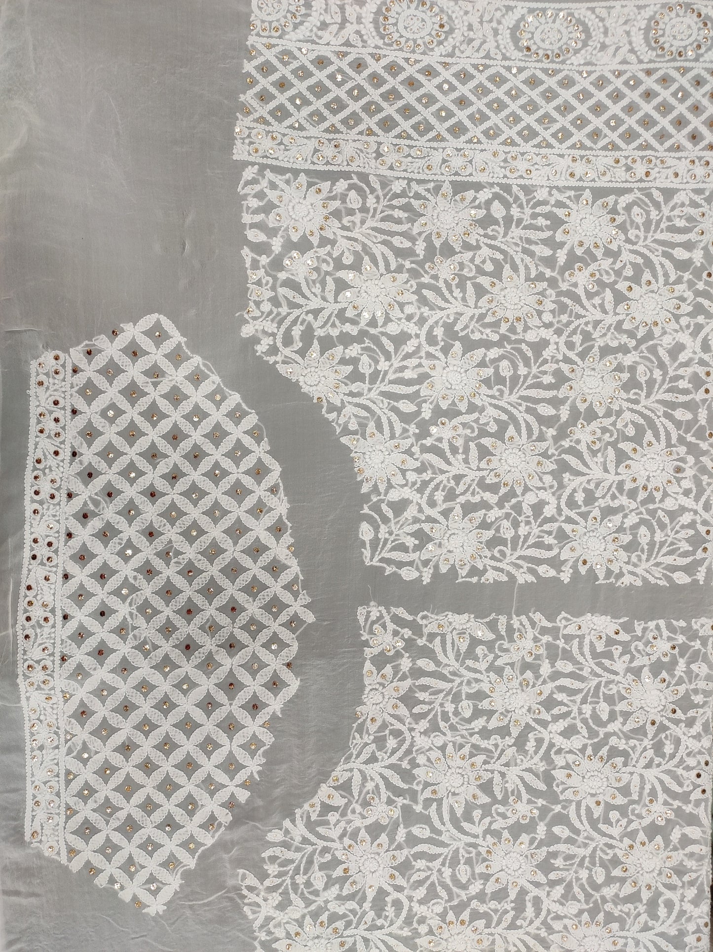 Shyamal Chikan Hand Embroidered White Pure Georgette Lucknowi Chikankari Lehenga Set With Mukaish Work - S20174