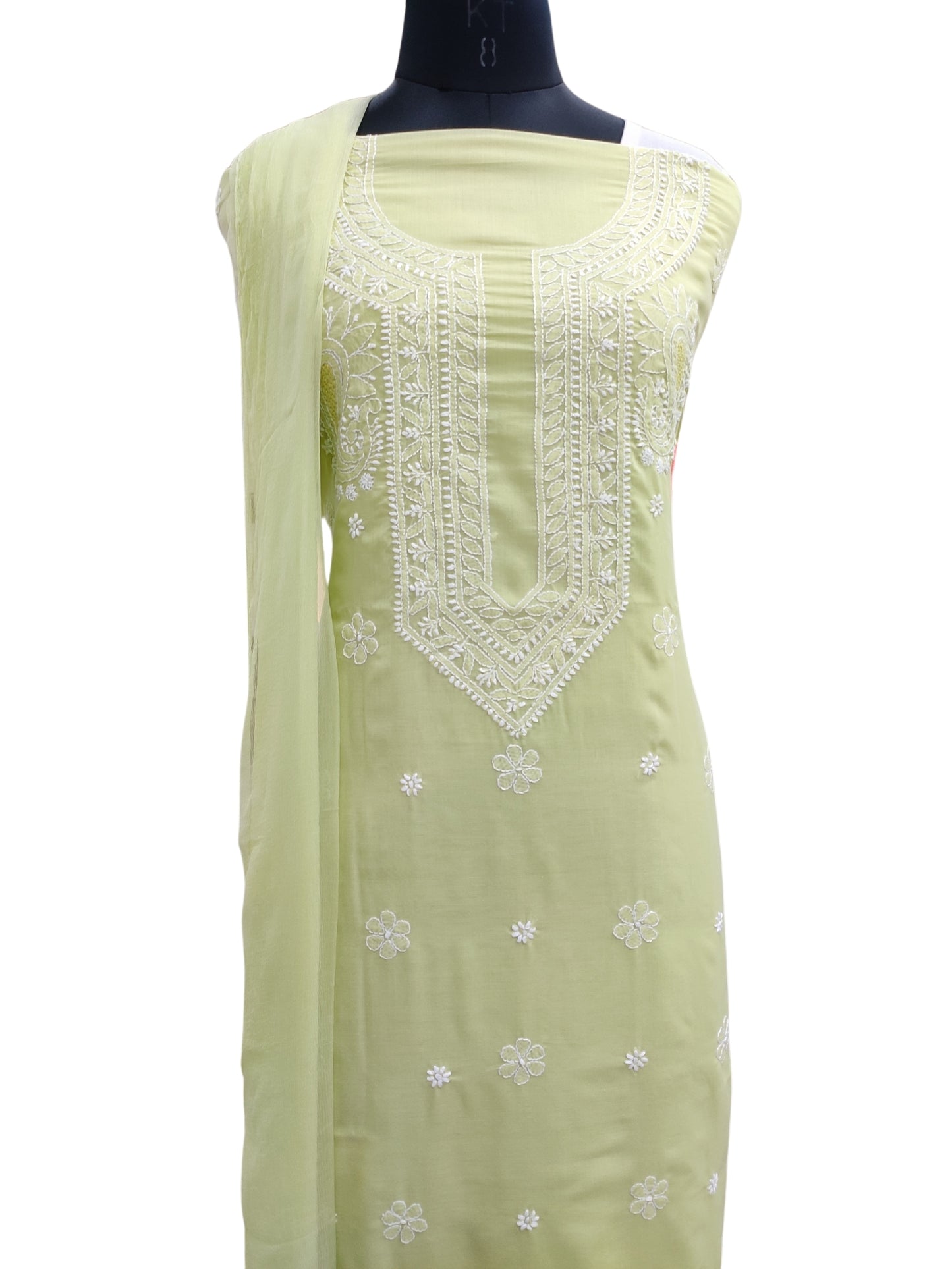 Shyamal Chikan Hand Embroidered Green Cotton Lucknowi Chikankari Unstitched Suit Piece - S25275