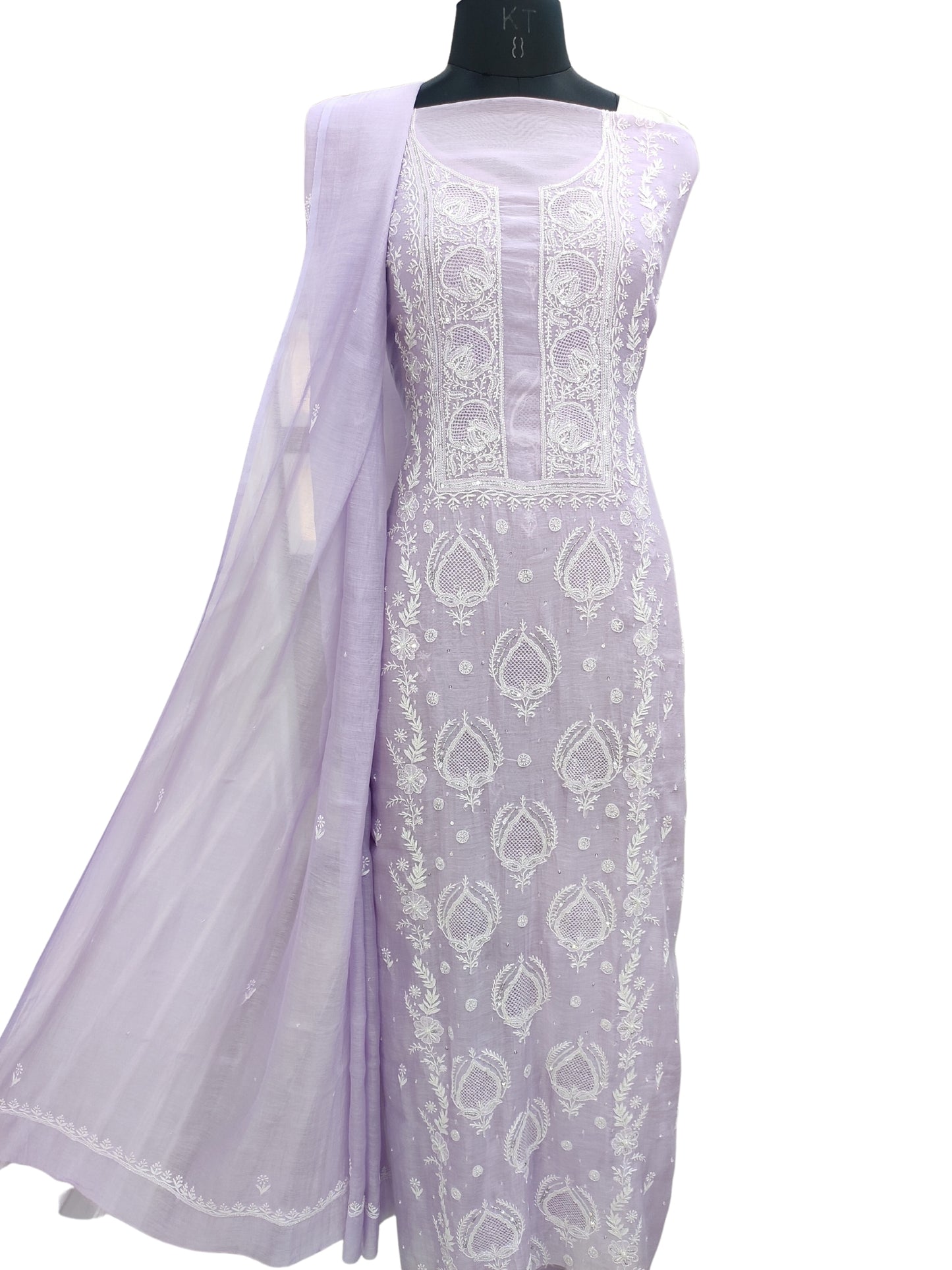 Shyamal Chikan Hand Embroidered Lavender Mul Chanderi Lucknowi Chikankari Unstitched Suit Piece with Pearl & Sequin Work (Set of 2) - S20727