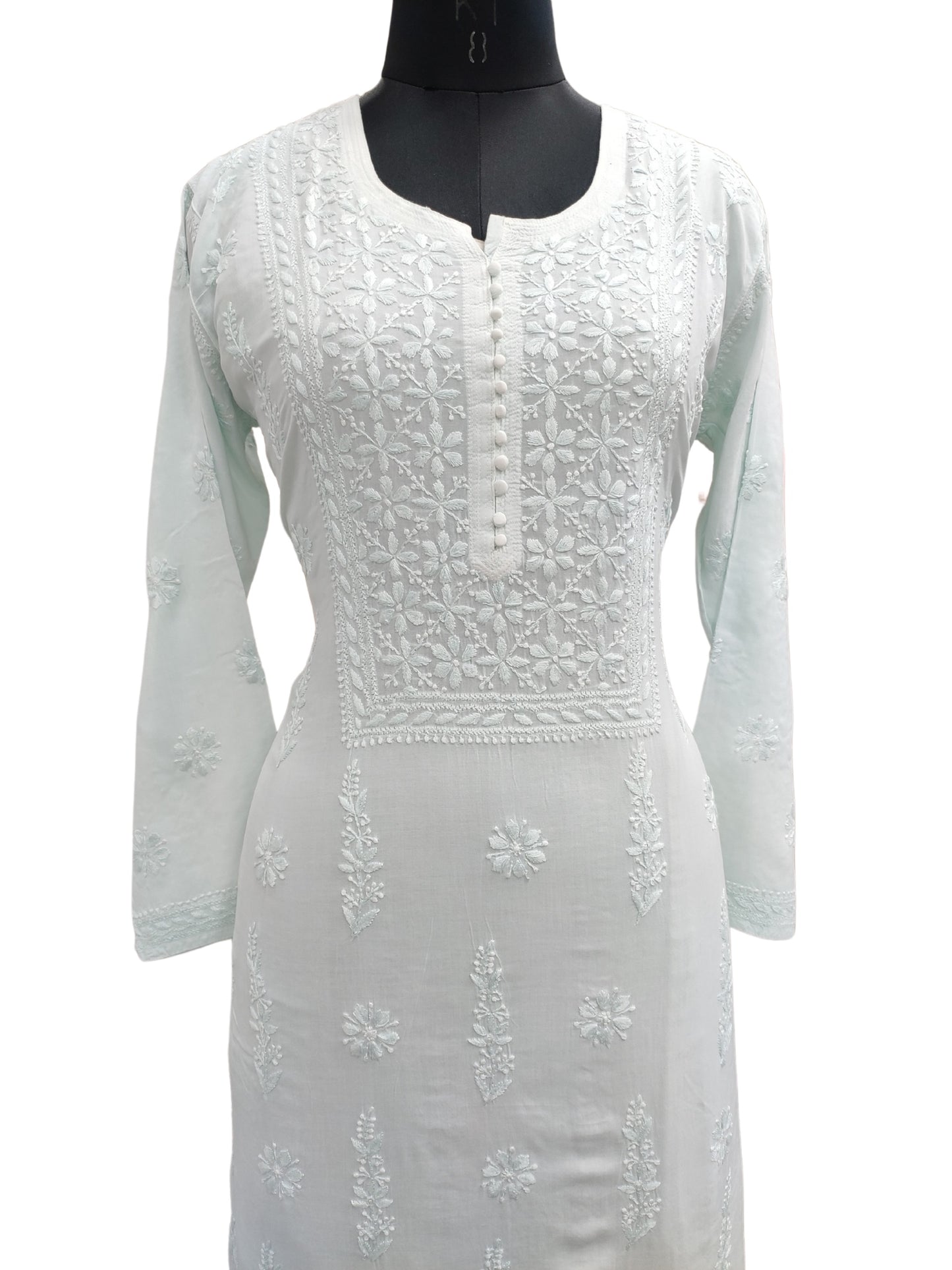 Shyamal Chikan Hand Embroidered Sea Green Modal Cotton Lucknowi Chikankari Kurti - S25967