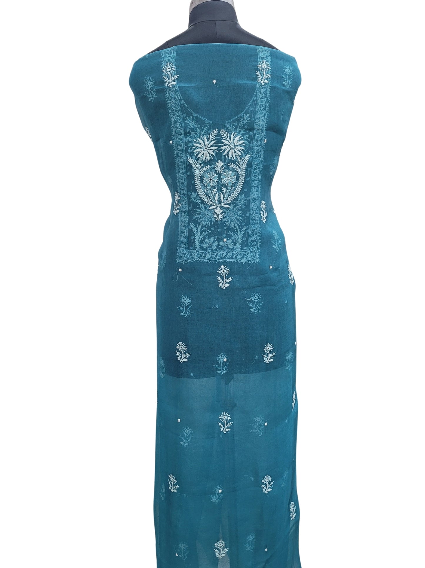 Shyamal Chikan Hand Embroidered Green Organza Lucknowi Chikankari Unstitched Suit Piece (Kurta Dupatta Set) With Pearl and Cutdana Work - S24063
