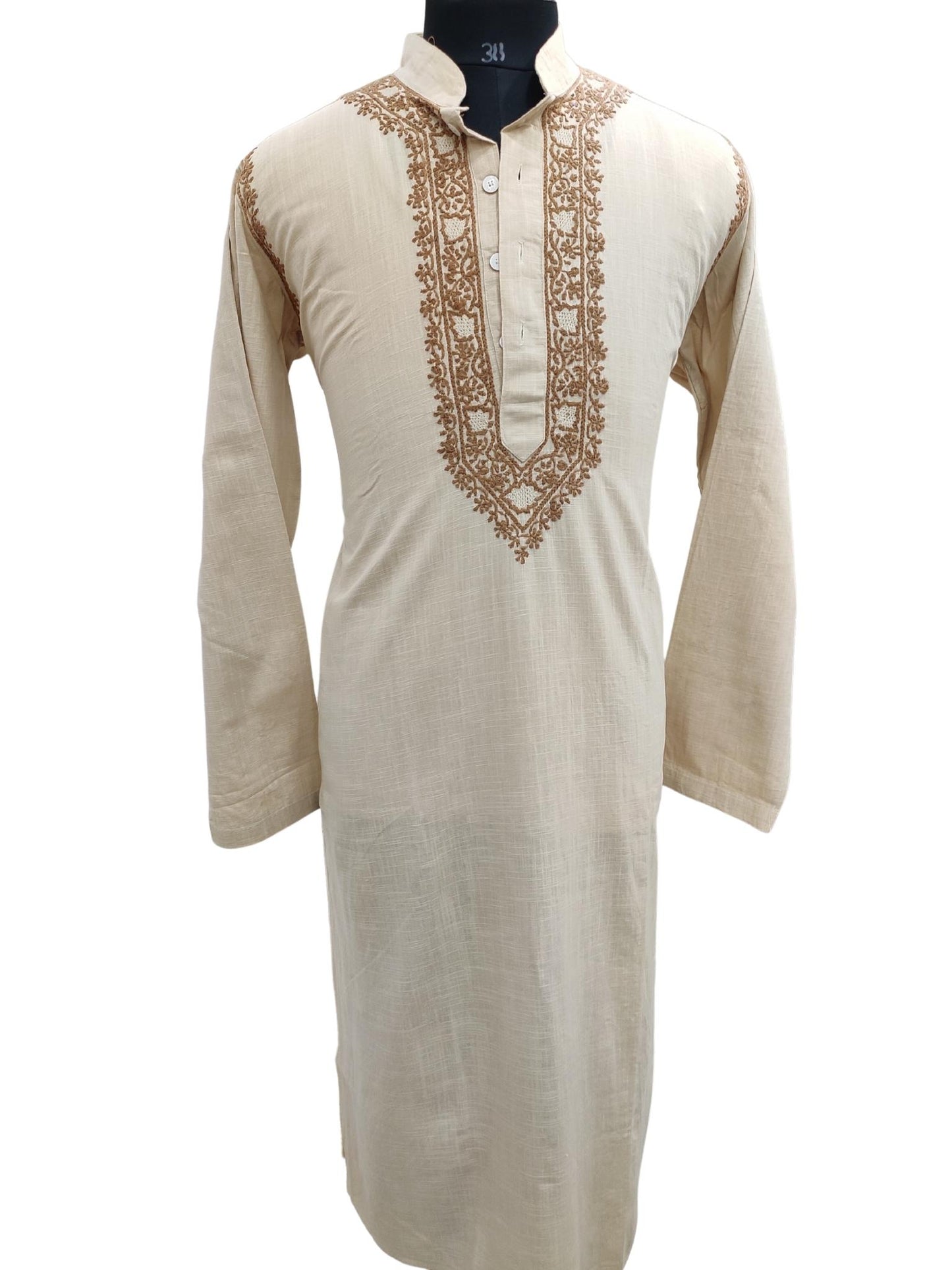 Shyamal Chikan Hand Embroidered Beige Cotton Lucknowi Chikankari Men's Kurta – S17298