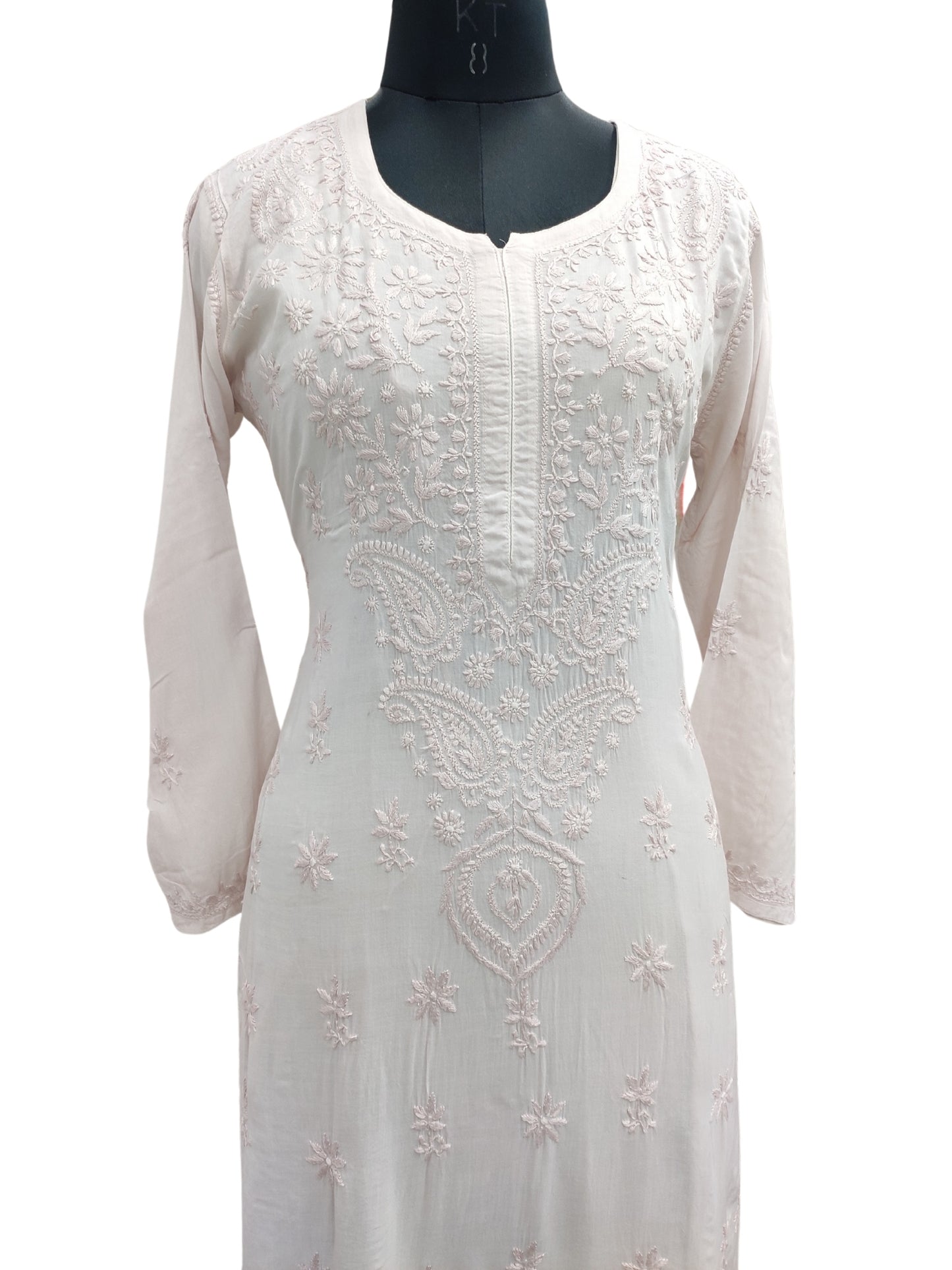 Shyamal Chikan Hand Embroidered Peach Modal Cotton Lucknowi Chikankari Kurti - S25968
