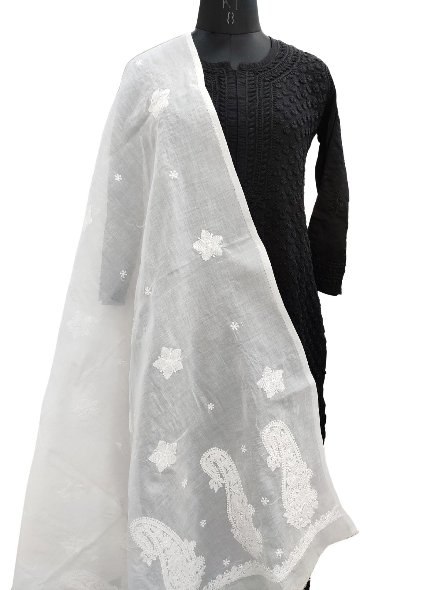 Shyamal Chikan Hand Embroidered White Cotton Lucknowi Chikankari Dupatta - S20101