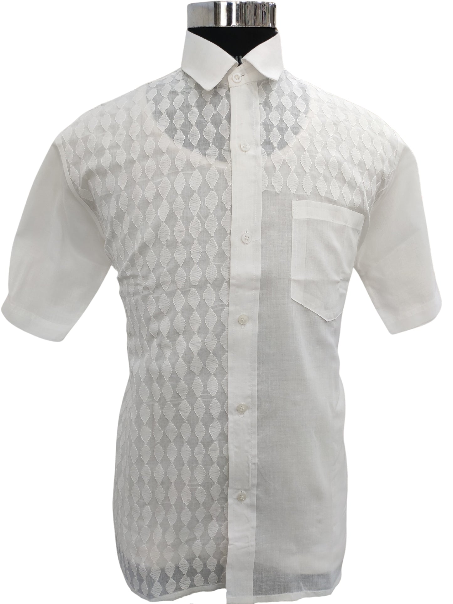 Shyamal Chikan Hand Embroidered White Cotton Lucknowi Chikankari Half Jaal Men's Shirt – S23296