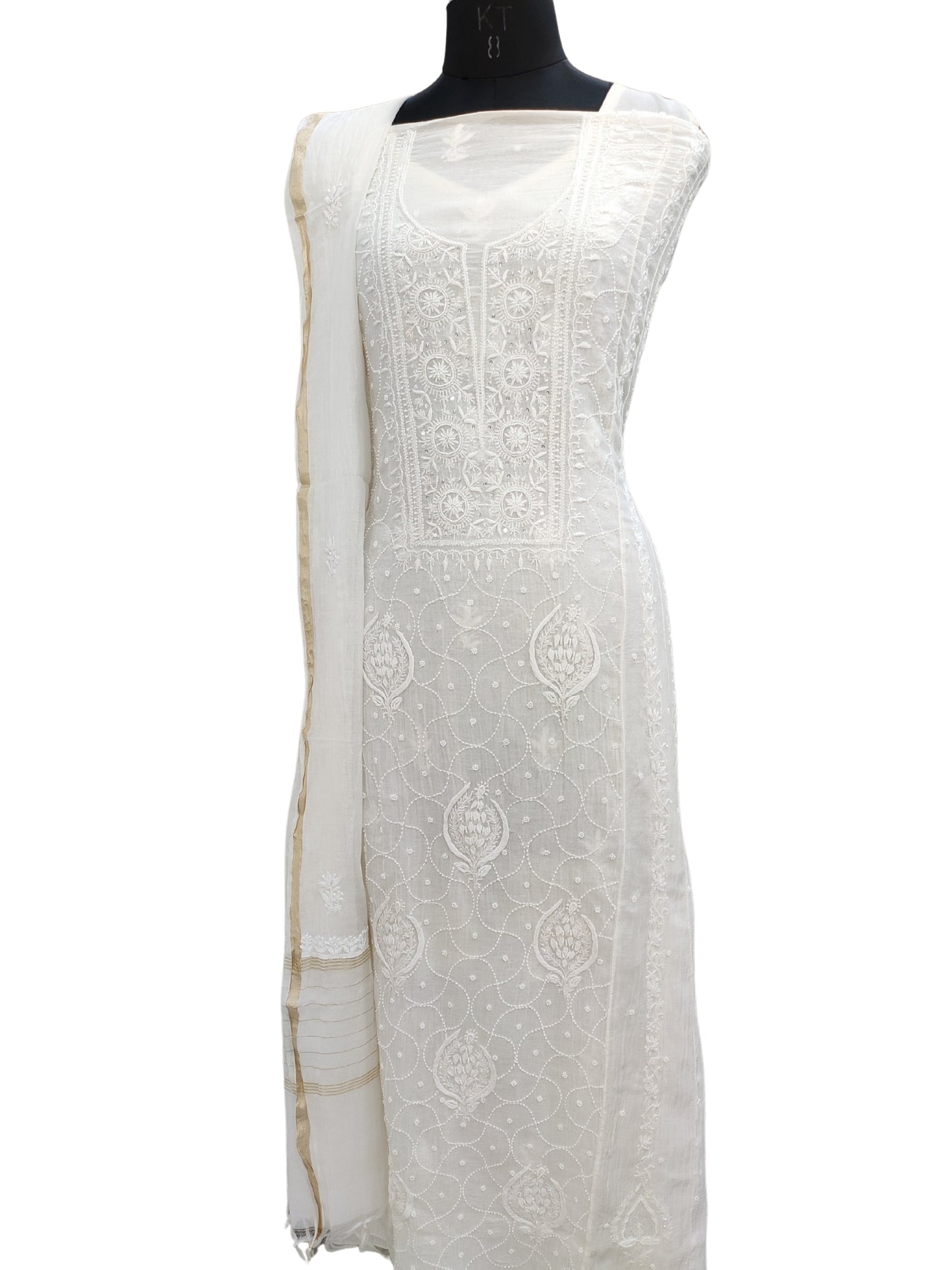 Hand Embroidered White Mul Chanderi Lucknowi Chikankari Unstitched Anarkali (Kurta Dupatta Set) With Pearl Cutdana & Sequin Work- S26727