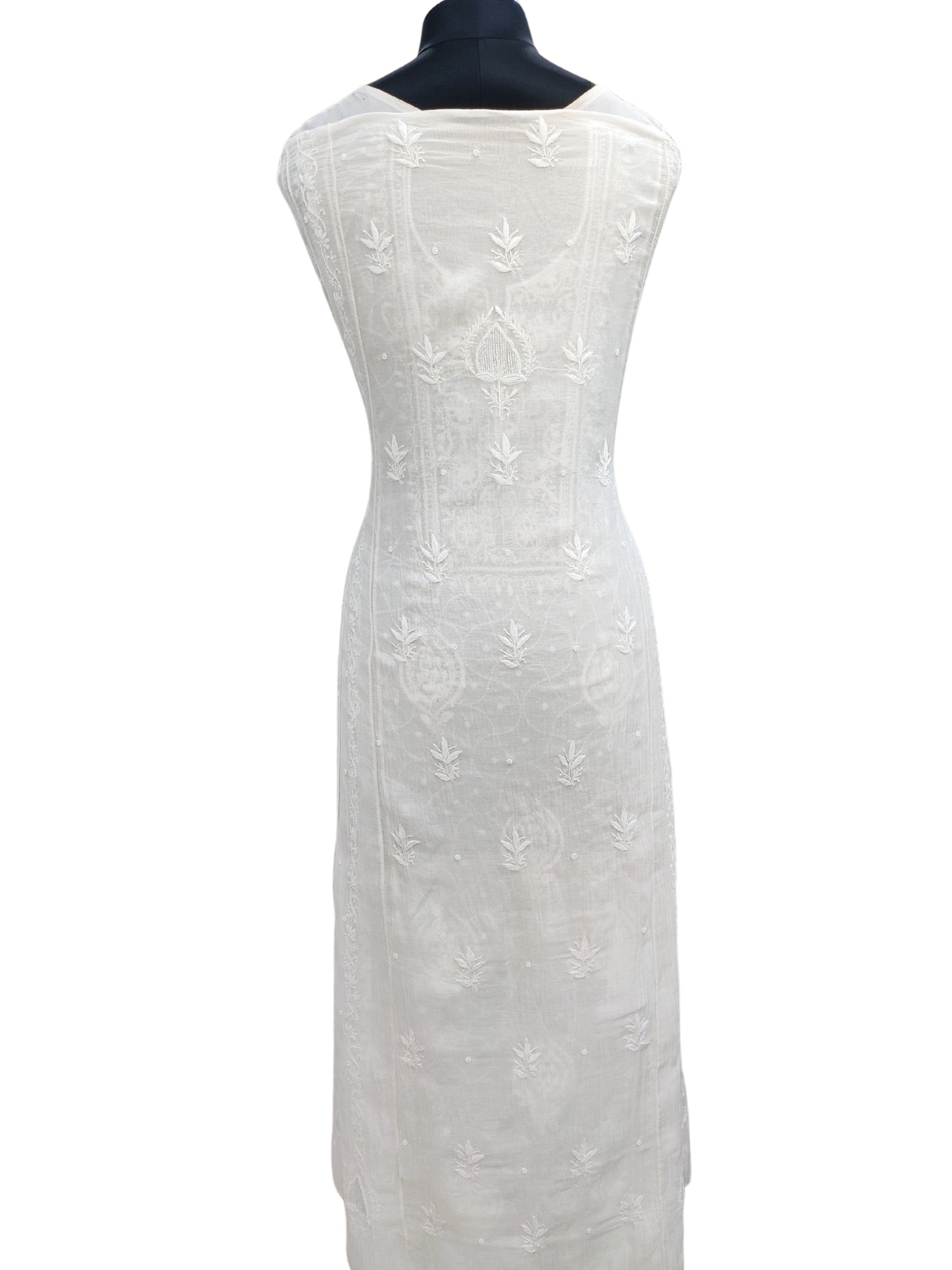 Hand Embroidered White Mul Chanderi Lucknowi Chikankari Unstitched Anarkali (Kurta Dupatta Set) With Pearl Cutdana & Sequin Work- S26727