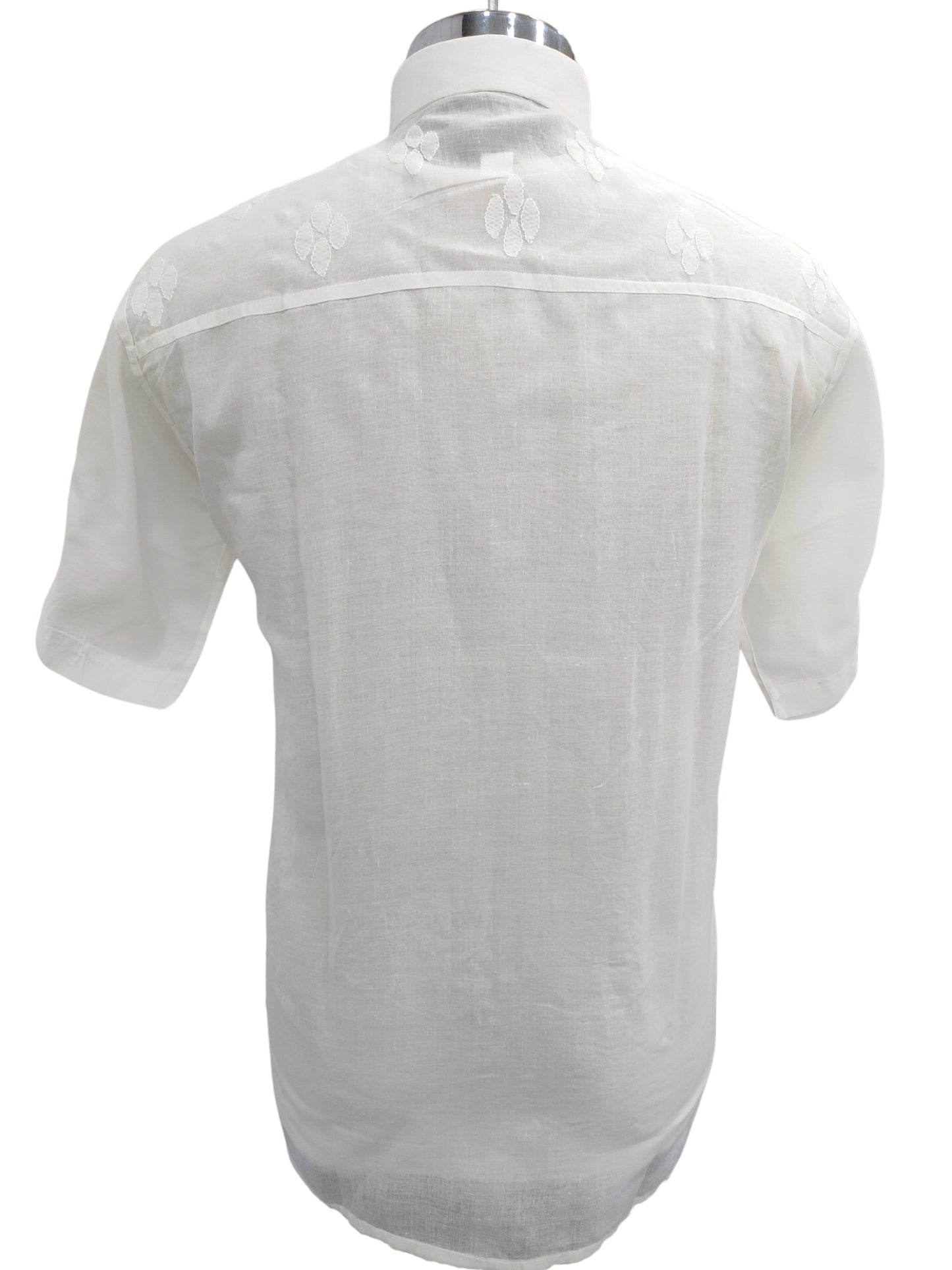 Shyamal Chikan Hand Embroidered White Cotton Lucknowi Chikankari Half Jaal Men's Shirt – S23296
