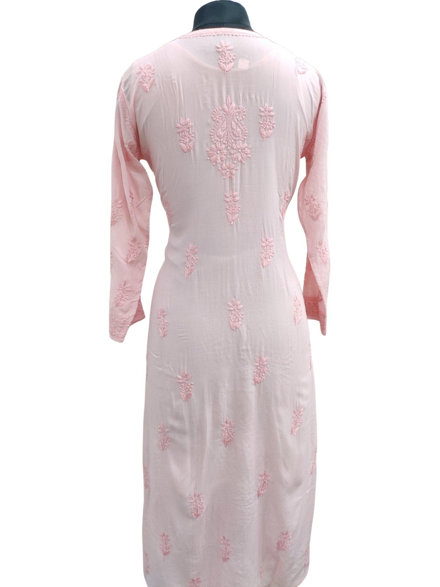 Shyamal Chikan Hand Embroidered Peach Modal Cotton Lucknowi Chikankari Kurti - S25970