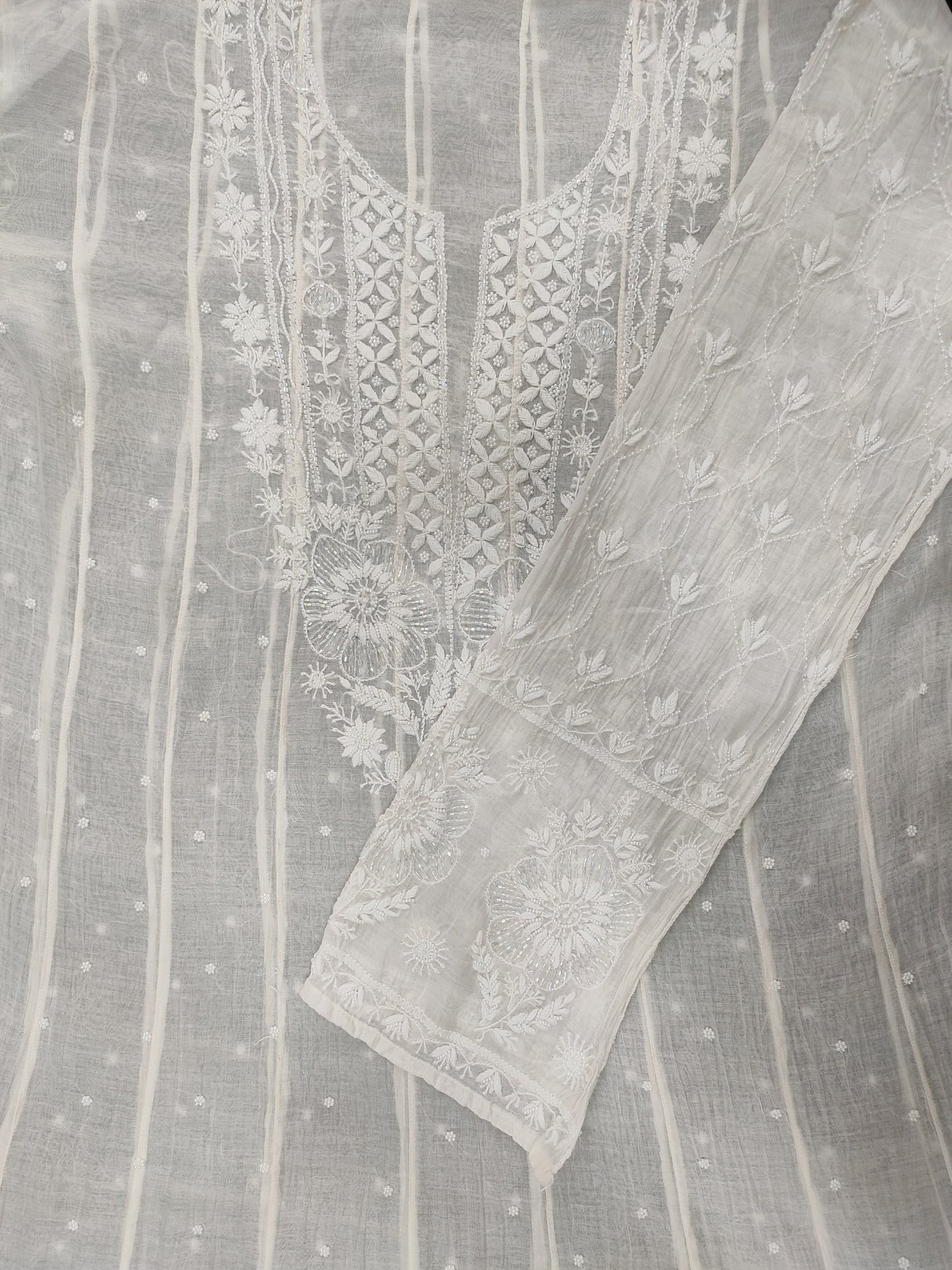 Hand Embroidered White Mul Chanderi Lucknowi Chikankari Unstitched Anarkali (Kurta Dupatta Set) With Pearl Cutdana & Sequin Work- S26729