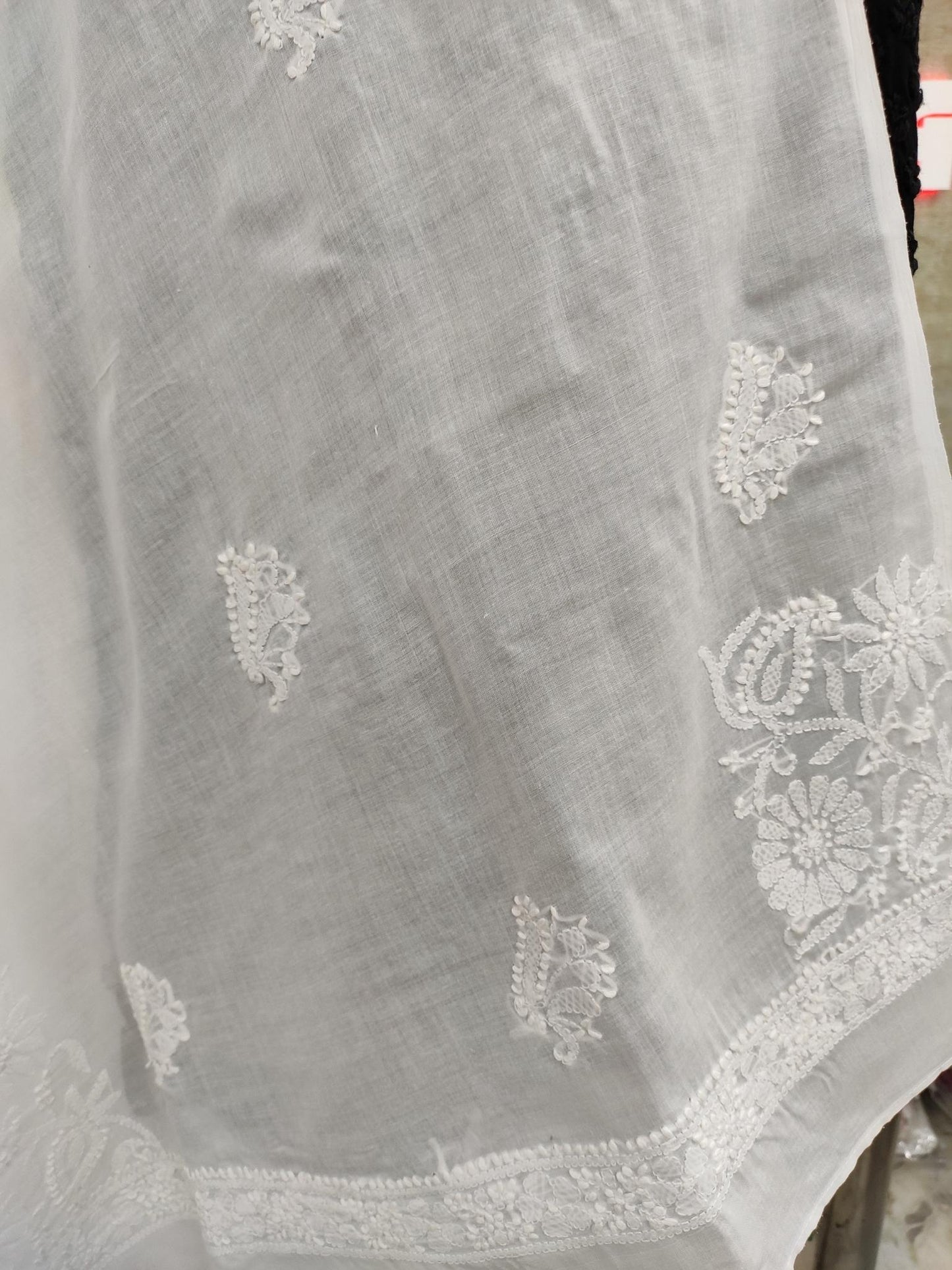 Shyamal Chikan Hand Embroidered White Cotton Lucknowi Chikankari Dupatta - S20099