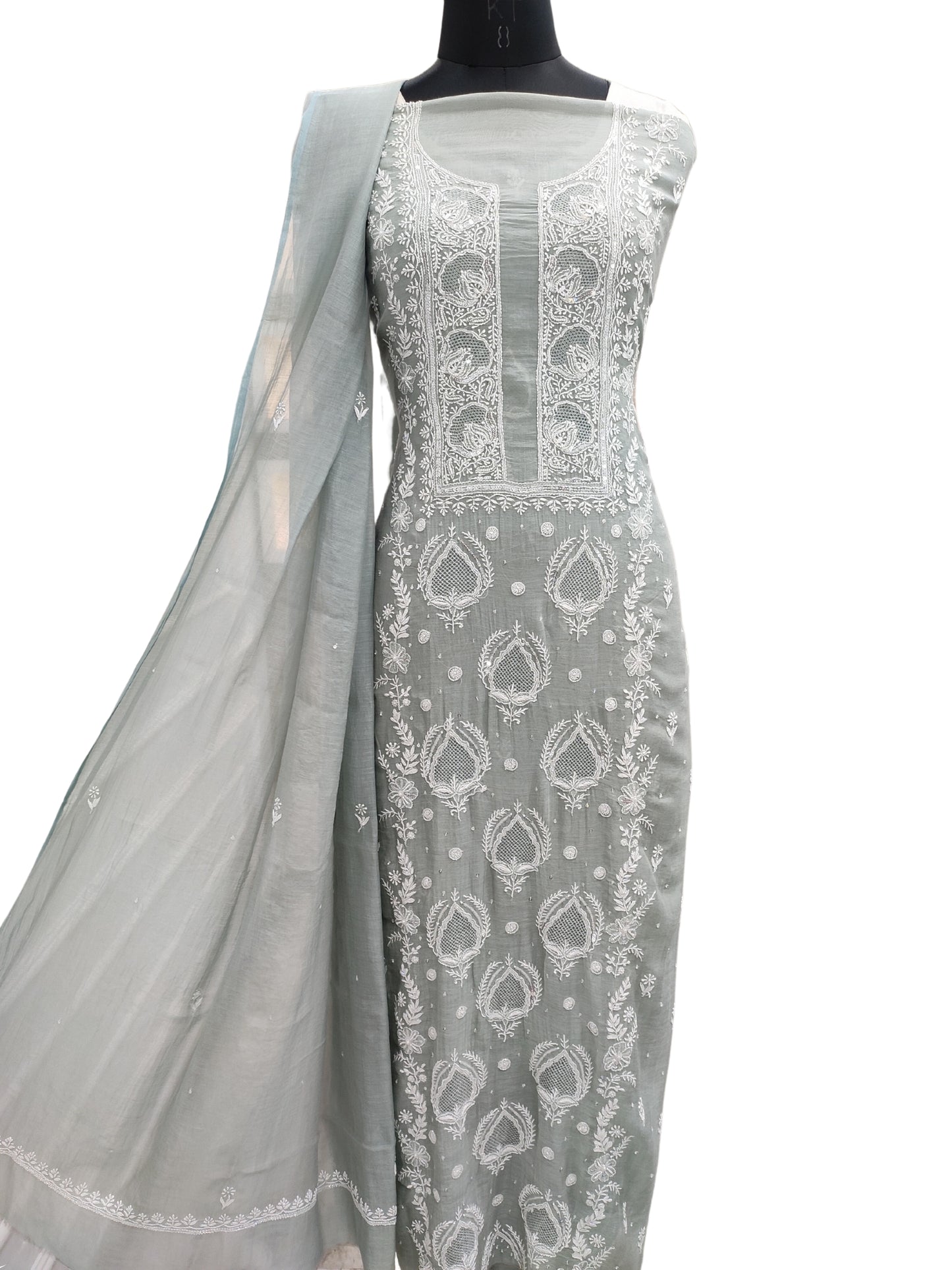 Shyamal Chikan Hand Embroidered Greenish Grey Mul Chanderi Lucknowi Chikankari Unstitched Suit Piece with Pearl & Sequin Work (Kurta Dupatta Set) - S20728