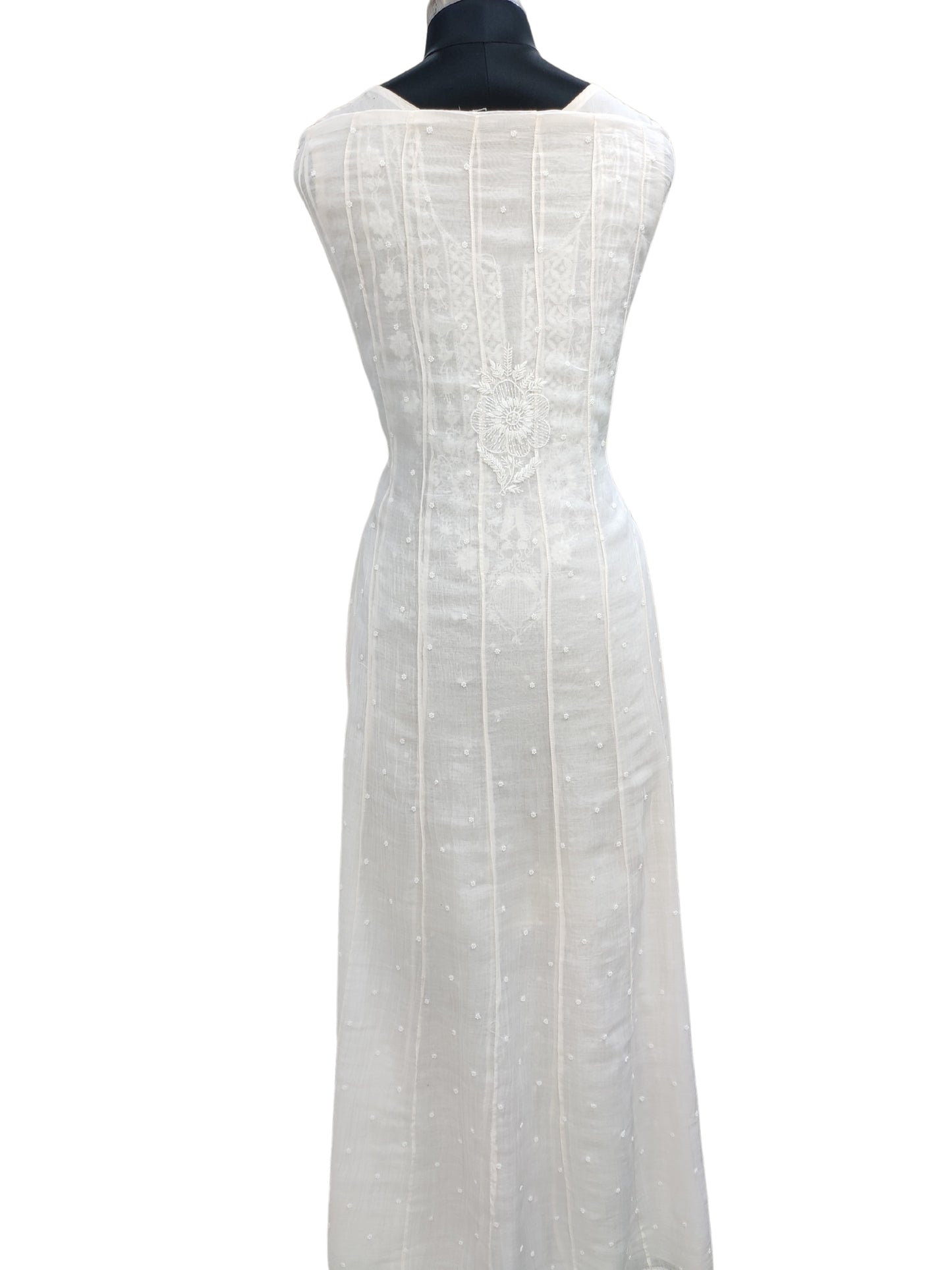 Hand Embroidered White Mul Chanderi Lucknowi Chikankari Unstitched Anarkali (Kurta Dupatta Set) With Pearl Cutdana & Sequin Work- S26729