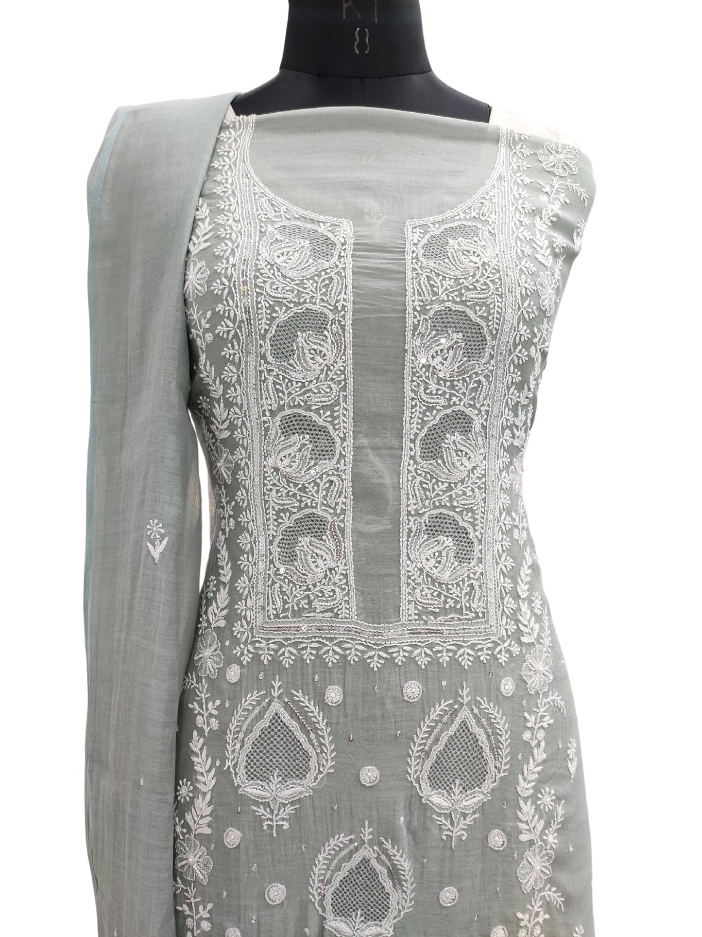 Shyamal Chikan Hand Embroidered Greenish Grey Mul Chanderi Lucknowi Chikankari Unstitched Suit Piece with Pearl & Sequin Work (Kurta Dupatta Set) - S20728