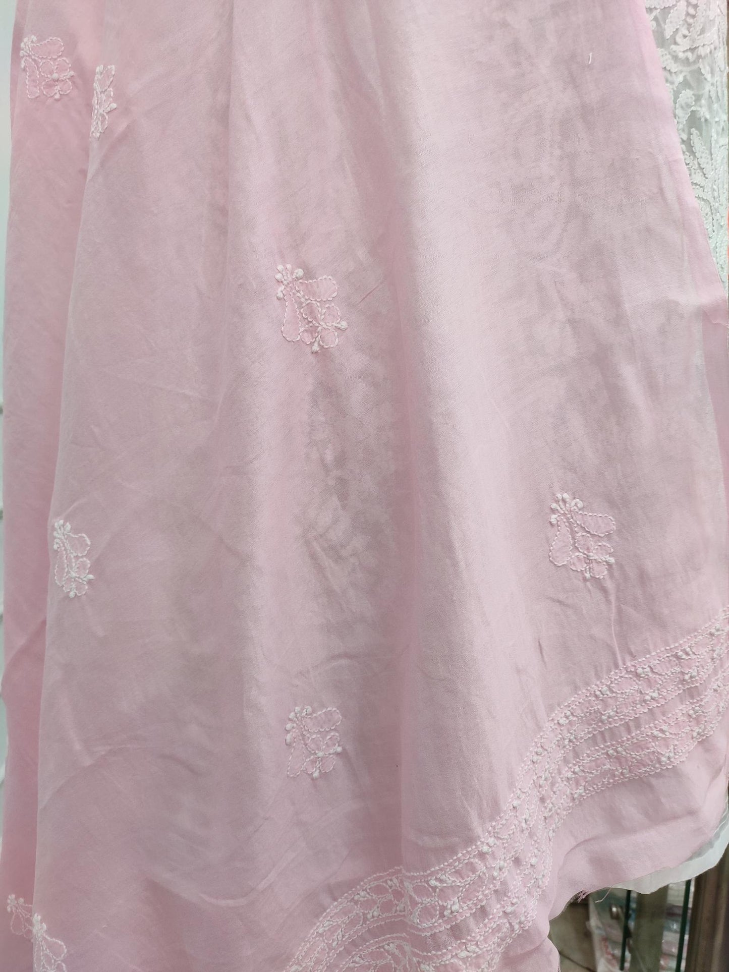 Shyamal Chikan Hand Embroidered Pink Chanderi Cotton Lucknowi Chikankari Dupatta - S20102