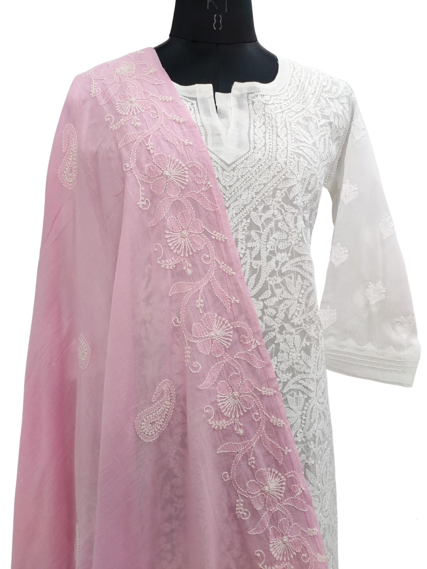 Shyamal Chikan Hand Embroidered Pink Malmal Cotton Lucknowi Chikankari Dupatta - S20094