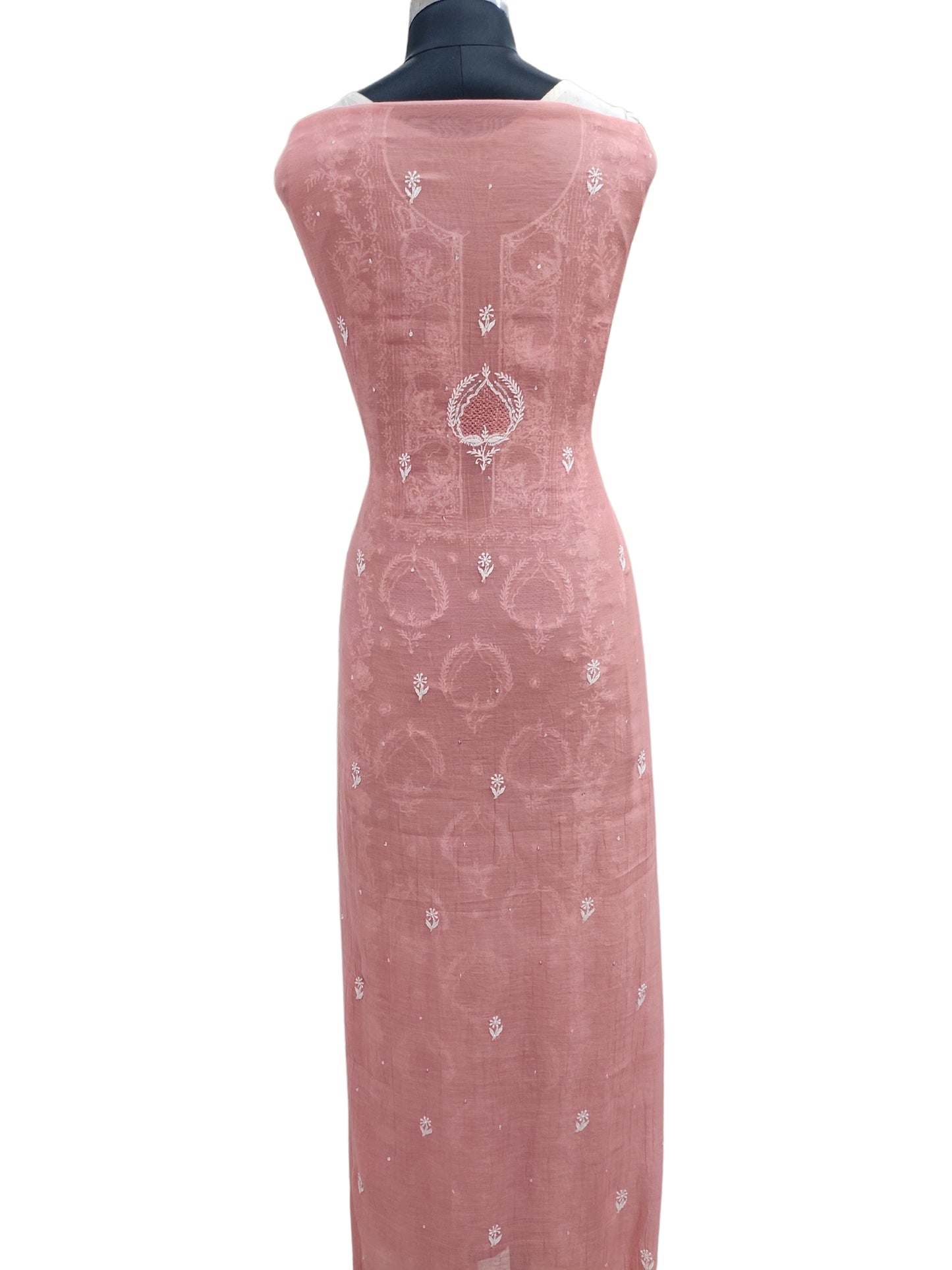 Shyamal Chikan Hand Embroidered Peach Mul Chanderi Lucknowi Chikankari Unstitched Suit Piece with Pearl & Sequin Work (Kurta Dupatta Set)- S20730