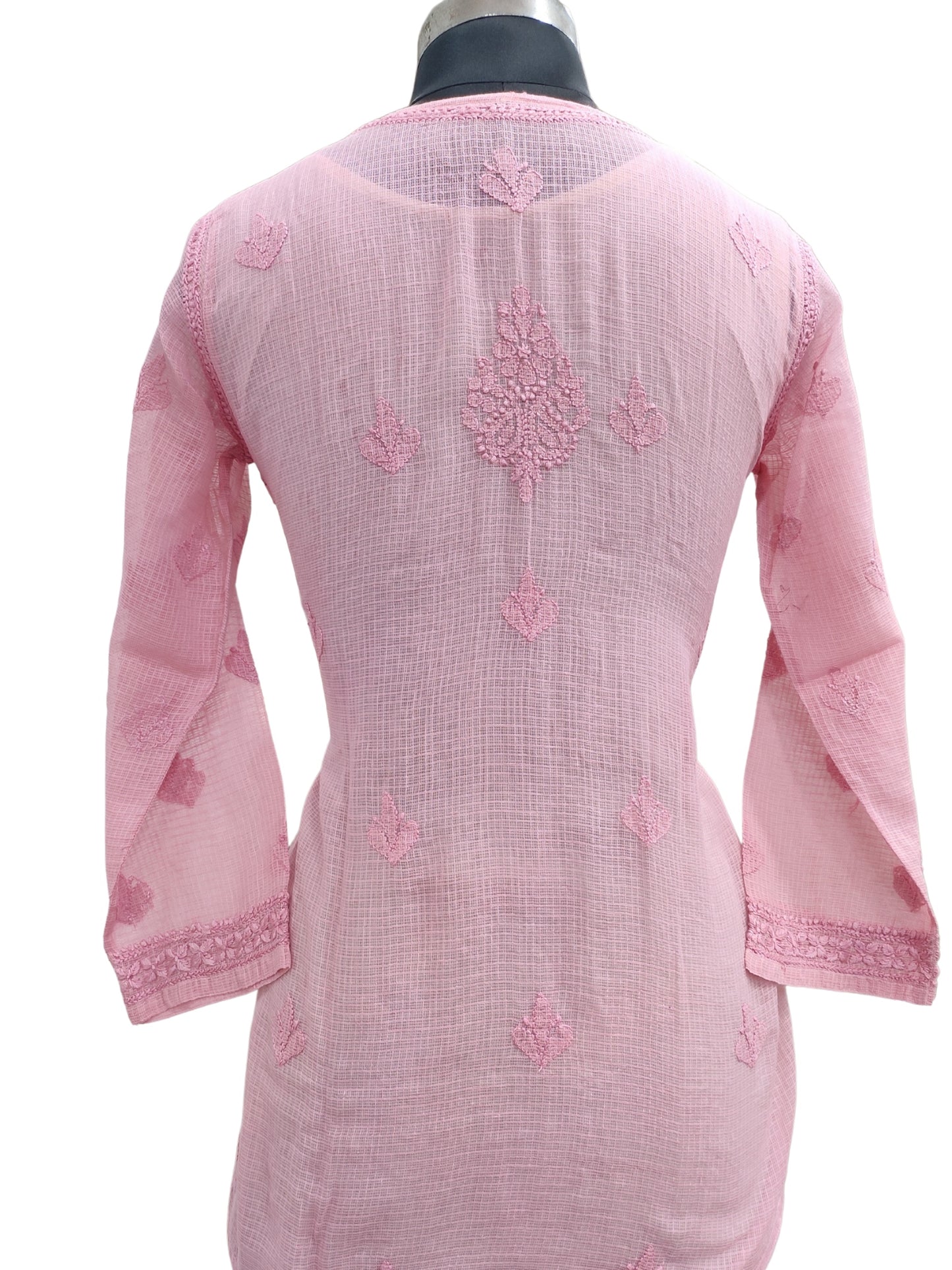 Shyamal Chikan Hand Embroidered Peach Kota Doria Lucknowi Chikankari Short Top - S26217