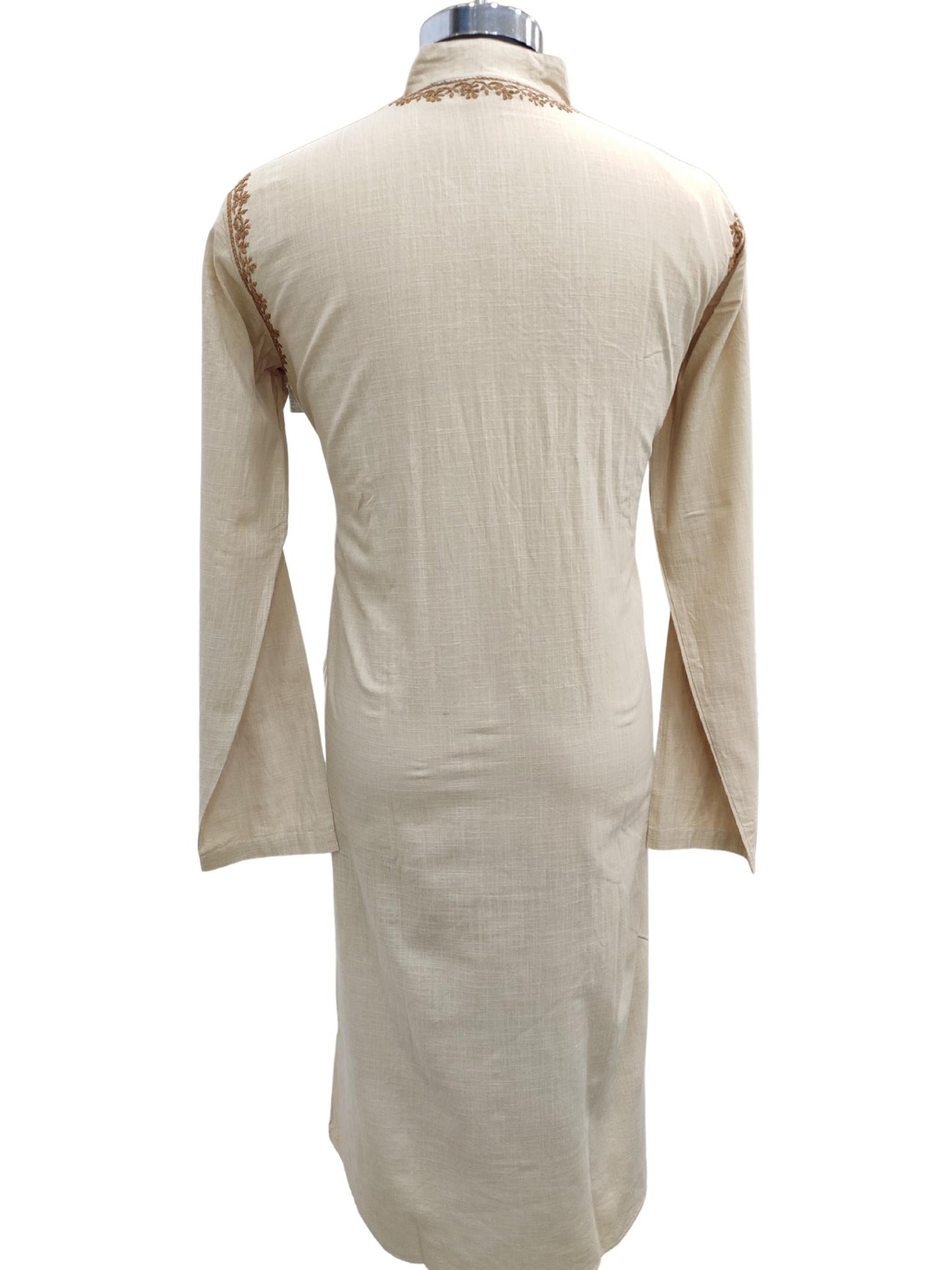Shyamal Chikan Hand Embroidered Beige Cotton Lucknowi Chikankari Men's Kurta – S17298