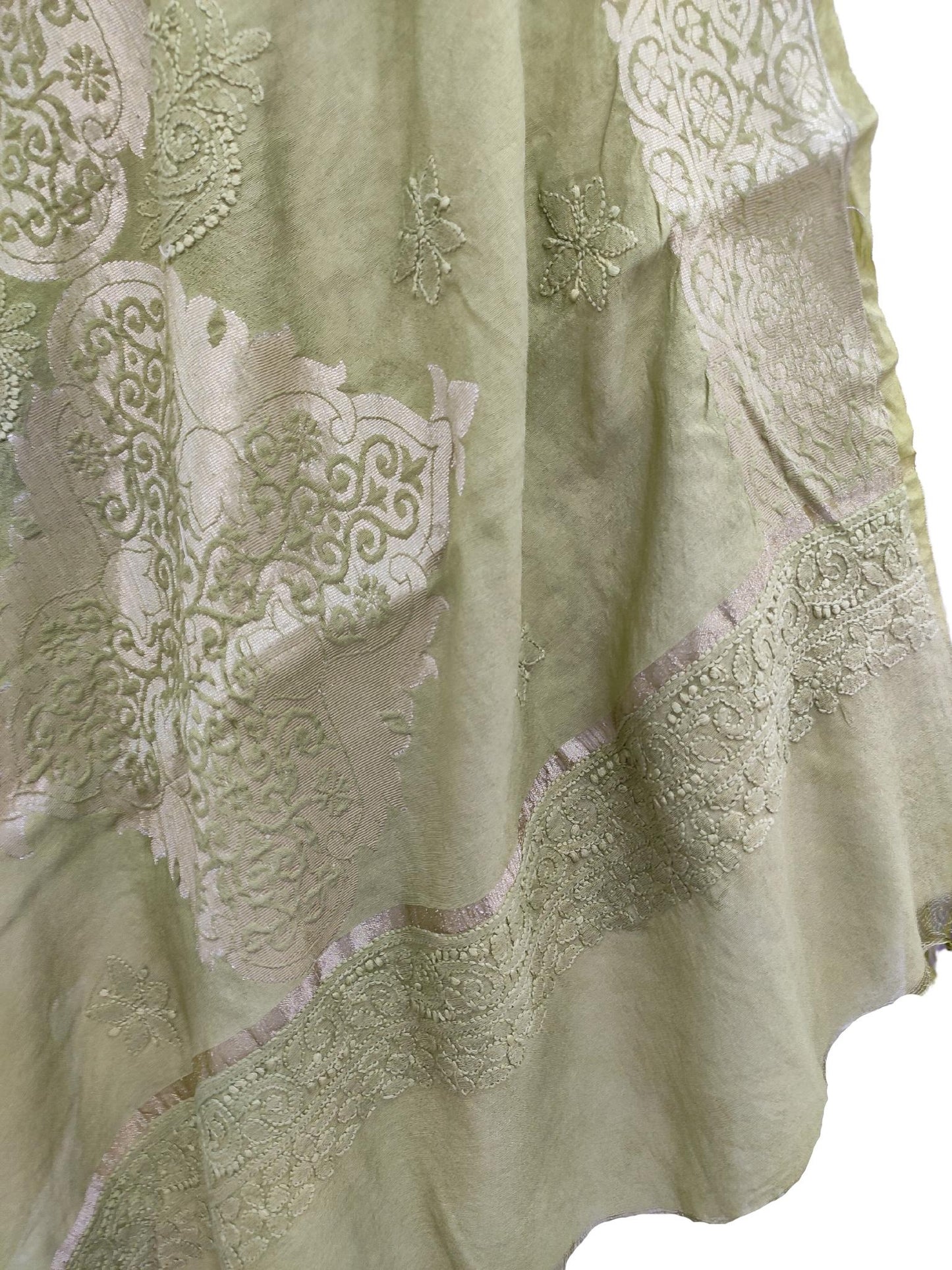 Shyamal Chikan Hand Embroidered Green Chanderi Silk Lucknowi Chikankari Dupatta - S20103