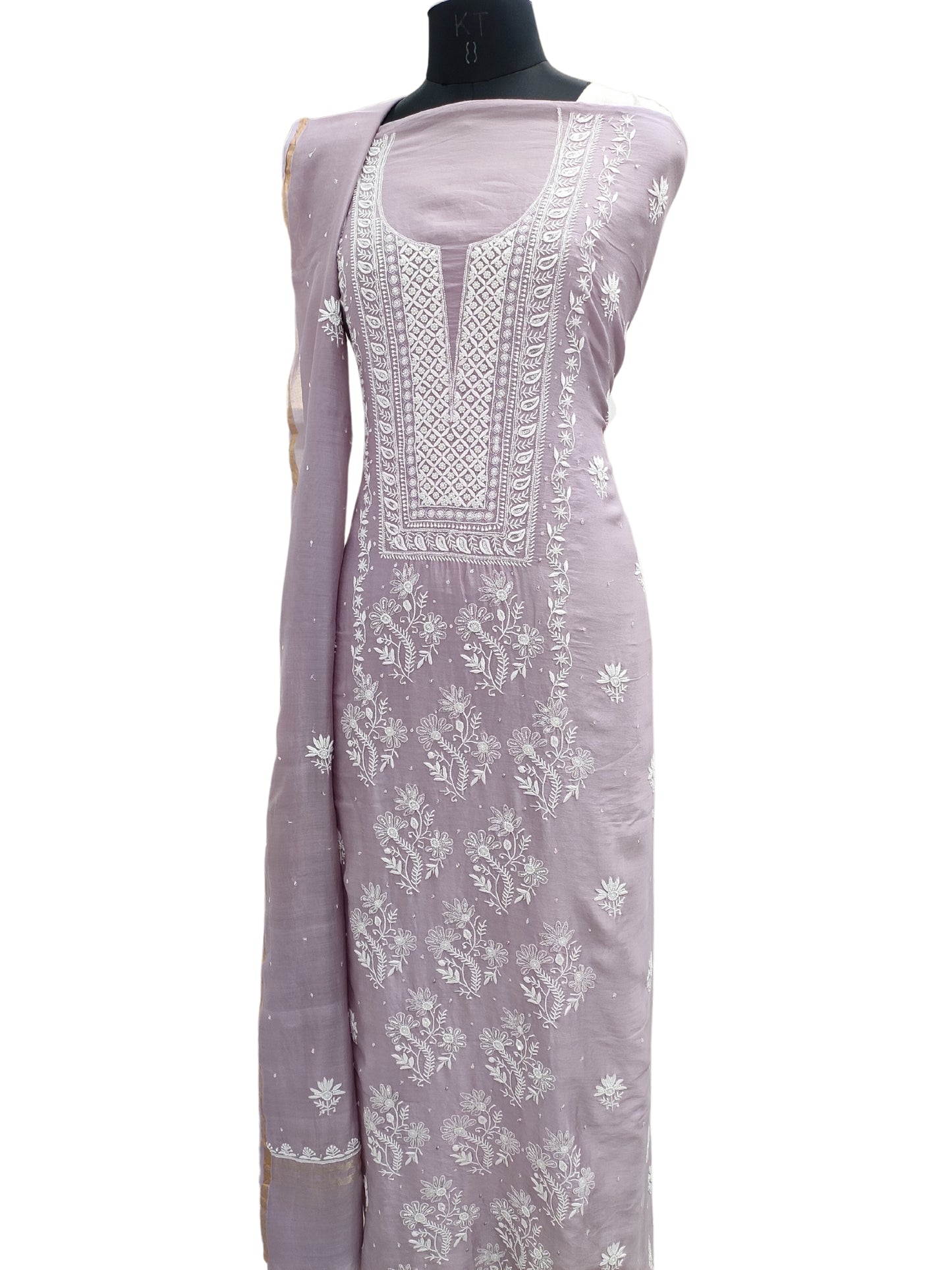 Shyamal Chikan Hand Embroidered Purple Chanderi Lucknowi Chikankari Unstitched Suit Piece with Pearl & Sequin Work (kurta dupaat set) - S19387
