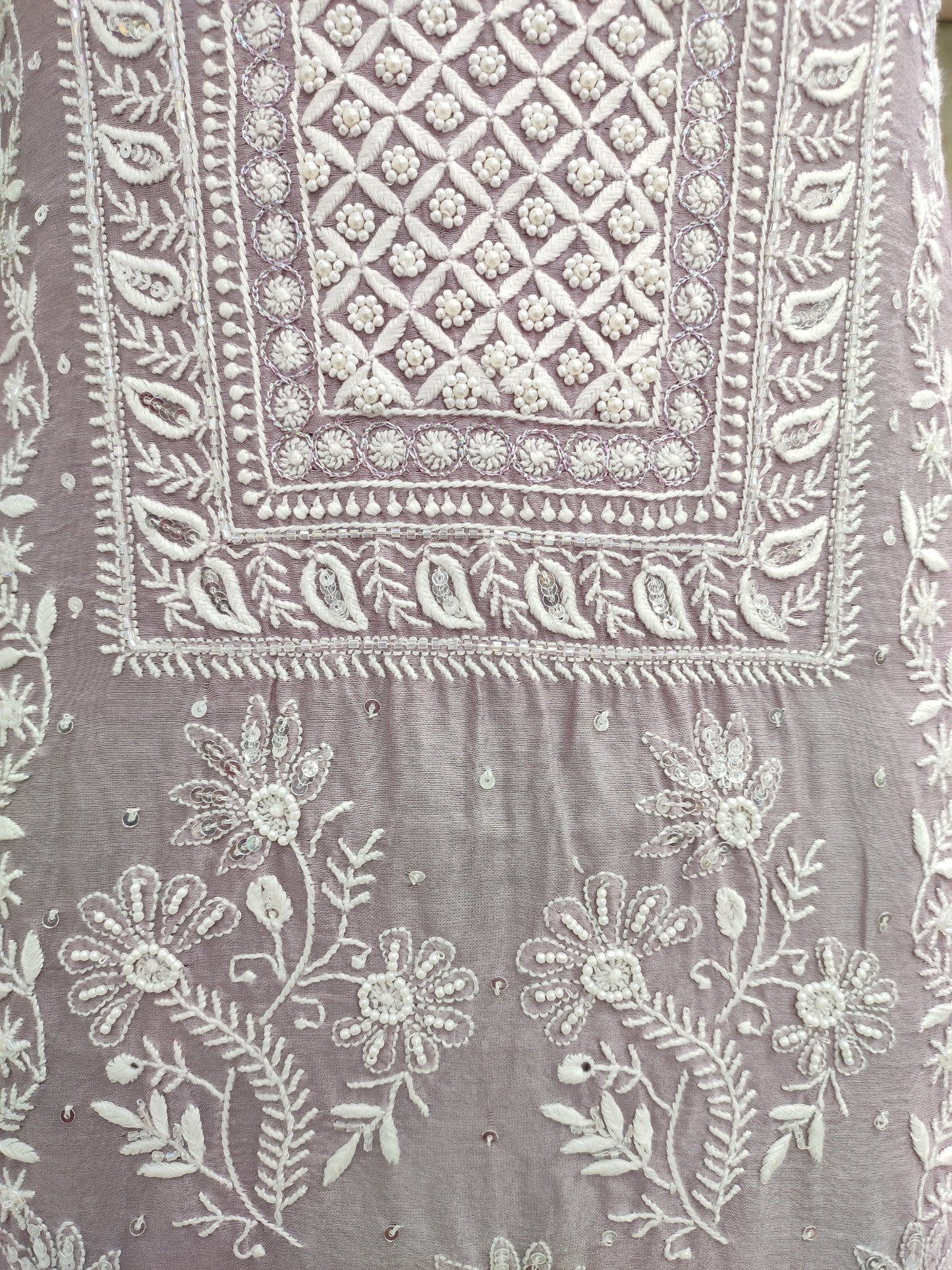 Shyamal Chikan Hand Embroidered Purple Chanderi Lucknowi Chikankari Unstitched Suit Piece with Pearl & Sequin Work (kurta dupaat set) - S19387