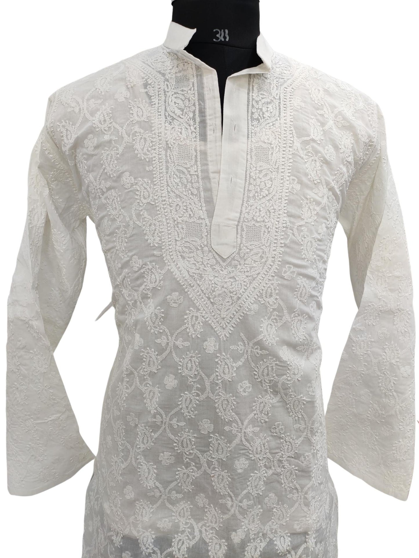 Shyamal Chikan Hand Embroidered White Cotton Lucknowi Chikankari All-Over Men's Kurta – S20123