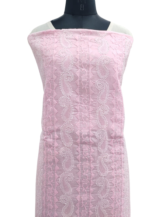 Shyamal Chikan Hand Embroidered Pink Cotton Lucknowi Chikankari Unstitched Kurta Piece With Daraz Work - S21525
