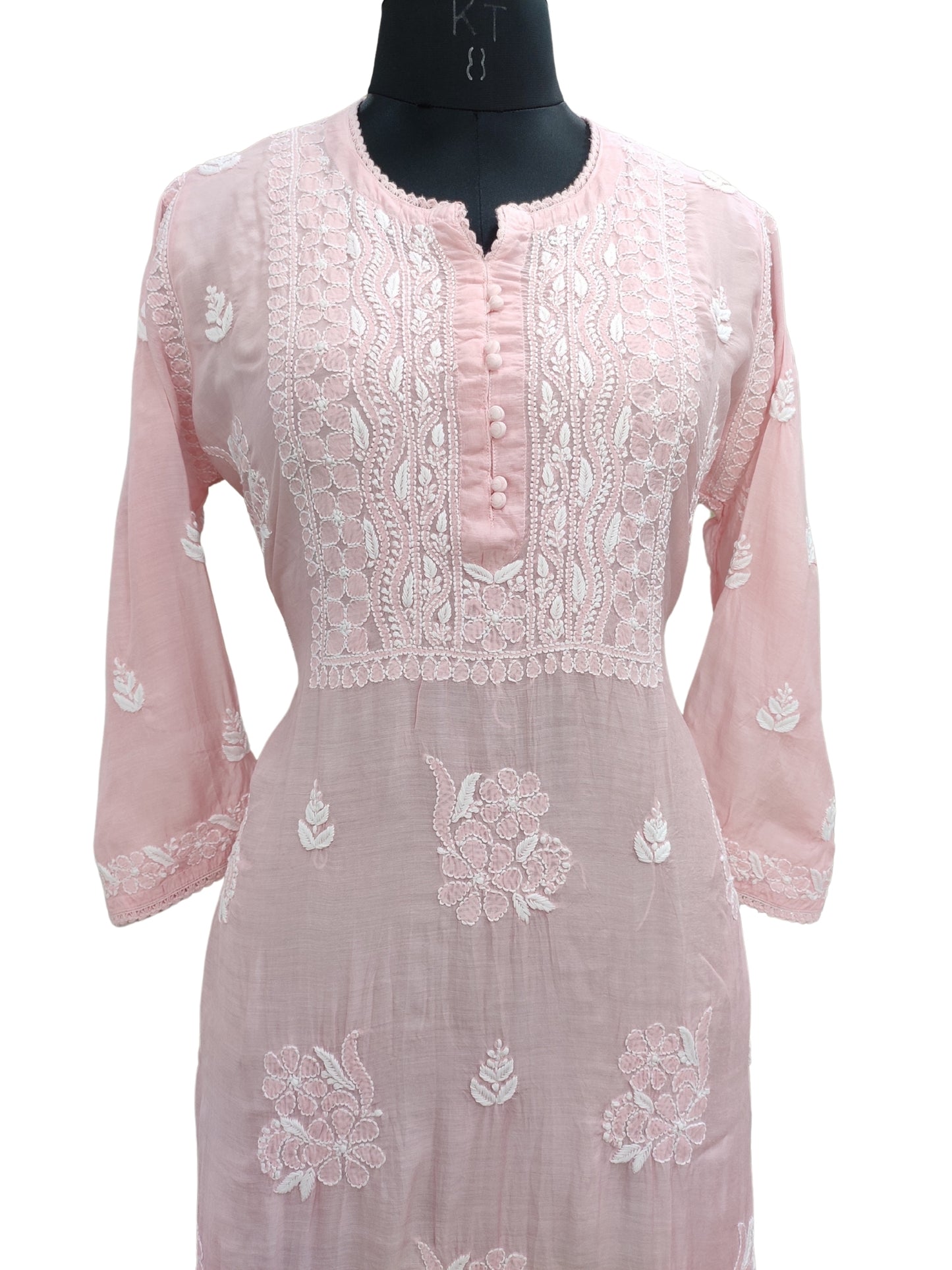 Shyamal Chikan Hand Embroidered Peach Muslin Lucknowi Chikankari Kurti - S25905