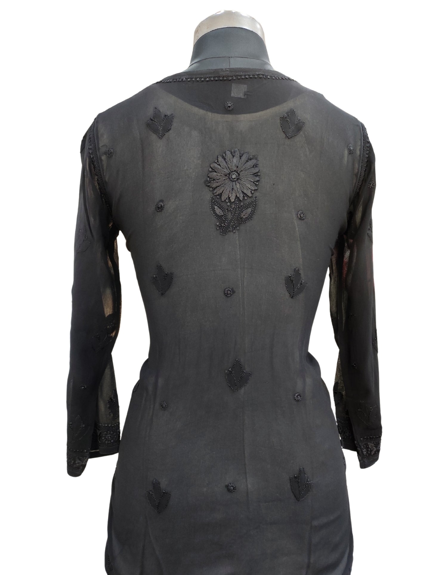 Shyamal Chikan Hand Embroidered Black Viscose Georgette Lucknowi Chikankari Short Top - S25763