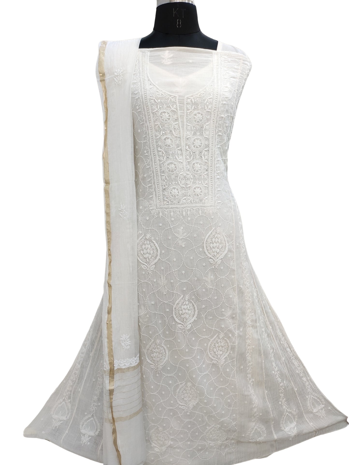 Hand Embroidered White Mul Chanderi Lucknowi Chikankari Unstitched Anarkali (Kurta Dupatta Set) With Pearl Cutdana & Sequin Work- S26727