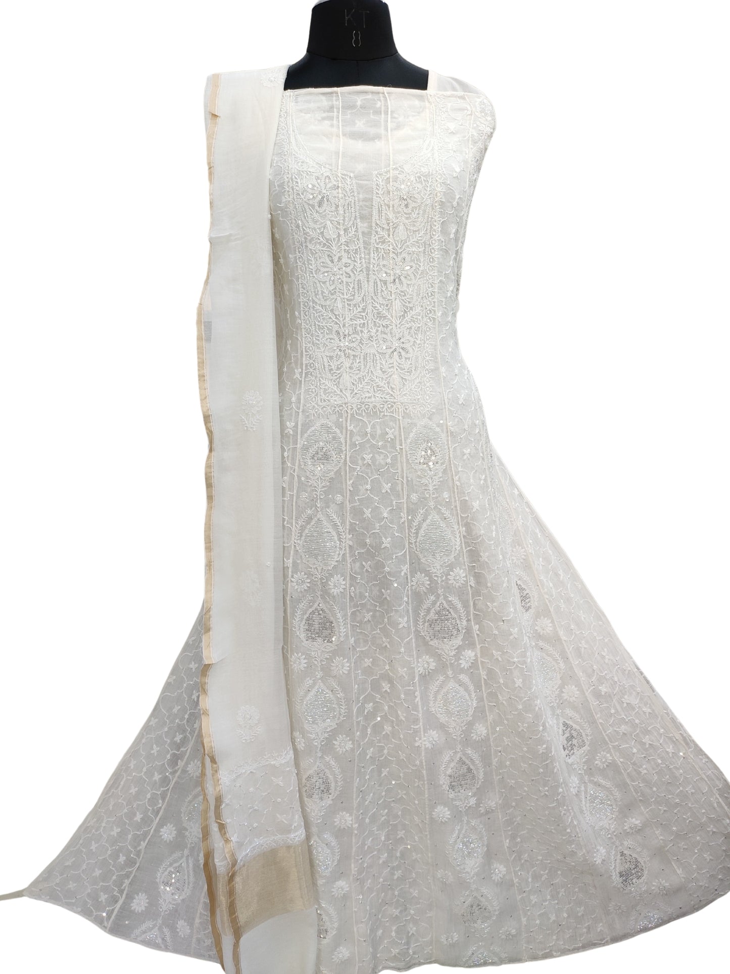 Hand Embroidered White Mul Chanderi Lucknowi Chikankari Unstitched Anarkali (Kurta Dupatta Set) With Pearl Cutdana & Sequin Work- S26933