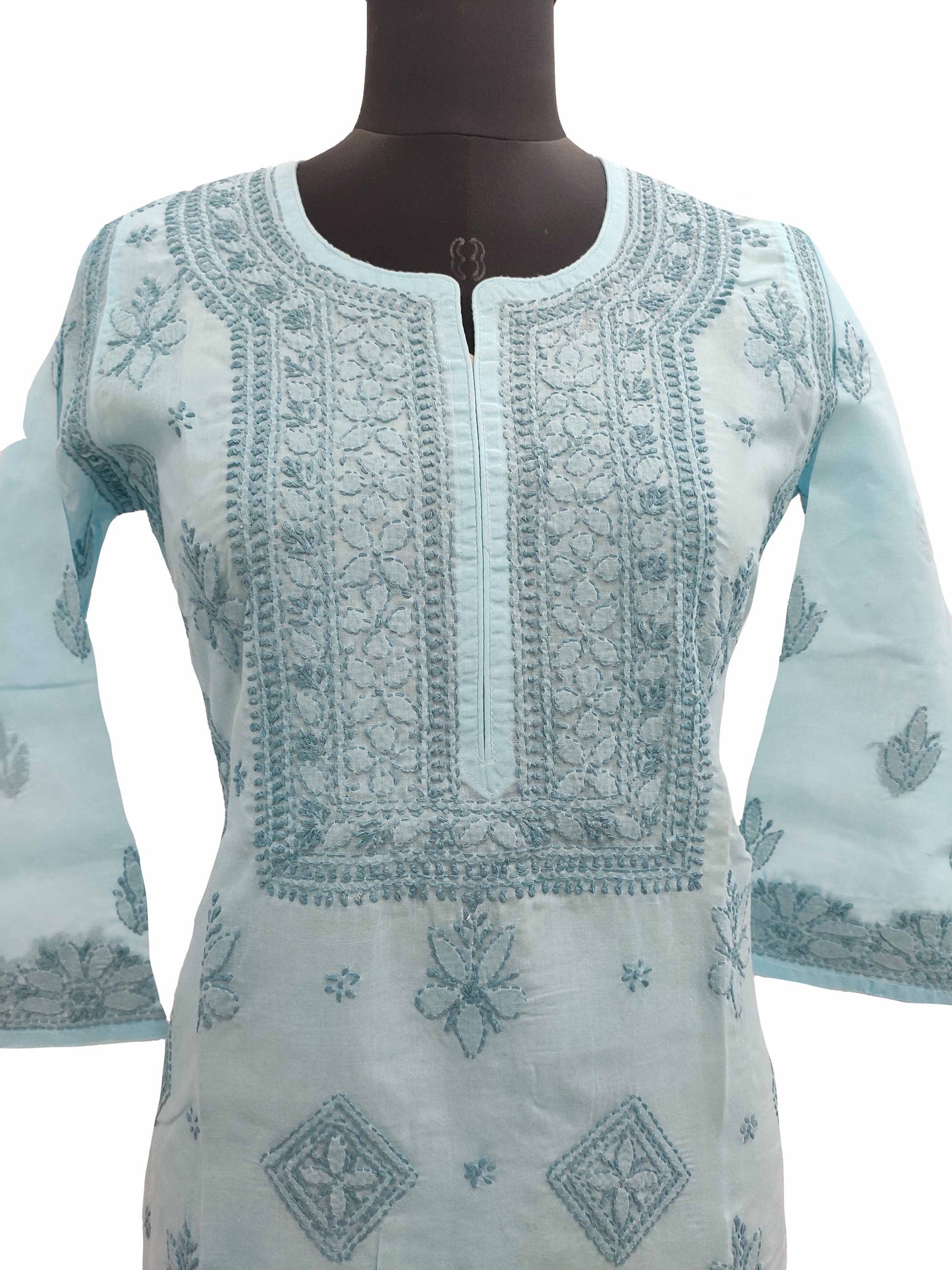 Shyamal Chikan Hand Embroidered Blue Cotton Lucknowi Chikankari Kurti- S11055