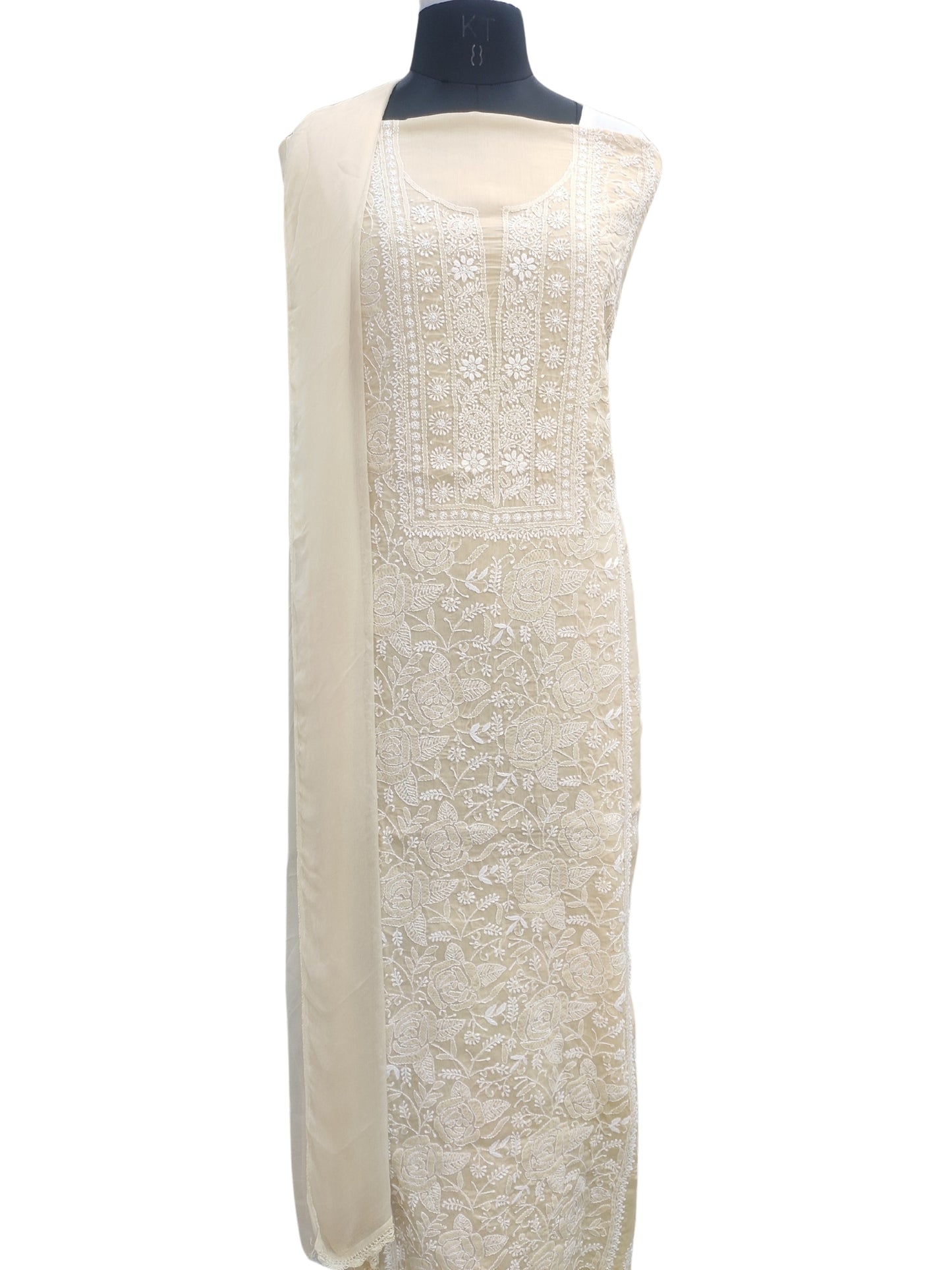 Shyamal Chikan Hand Embroidered Beige Cotton Lucknowi Chikankari Unstitched Suit Piece S26719