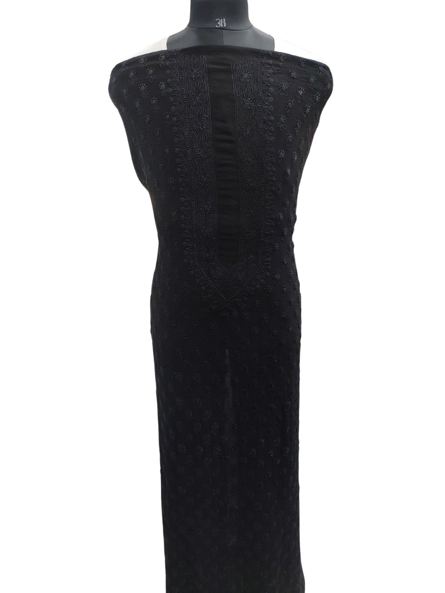 Shyamal Chikan Hand Embroidered Black Viscose Georgette Lucknowi All-Over Chikankari Unstitched Men's Kurta Piece – S24660