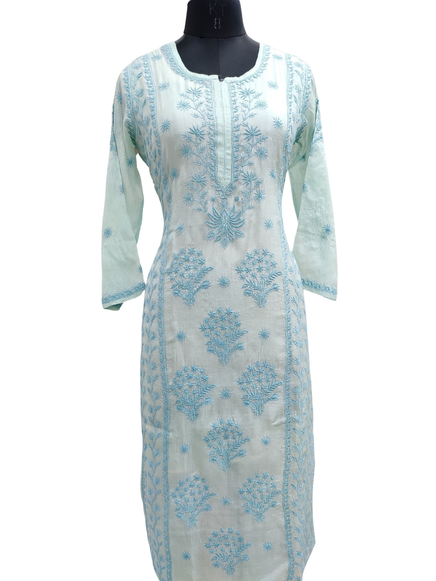 Shyamal Chikan Hand Embroidered Blue Pure Tusser Silk Lucknowi Chikankari Kurti- S27017