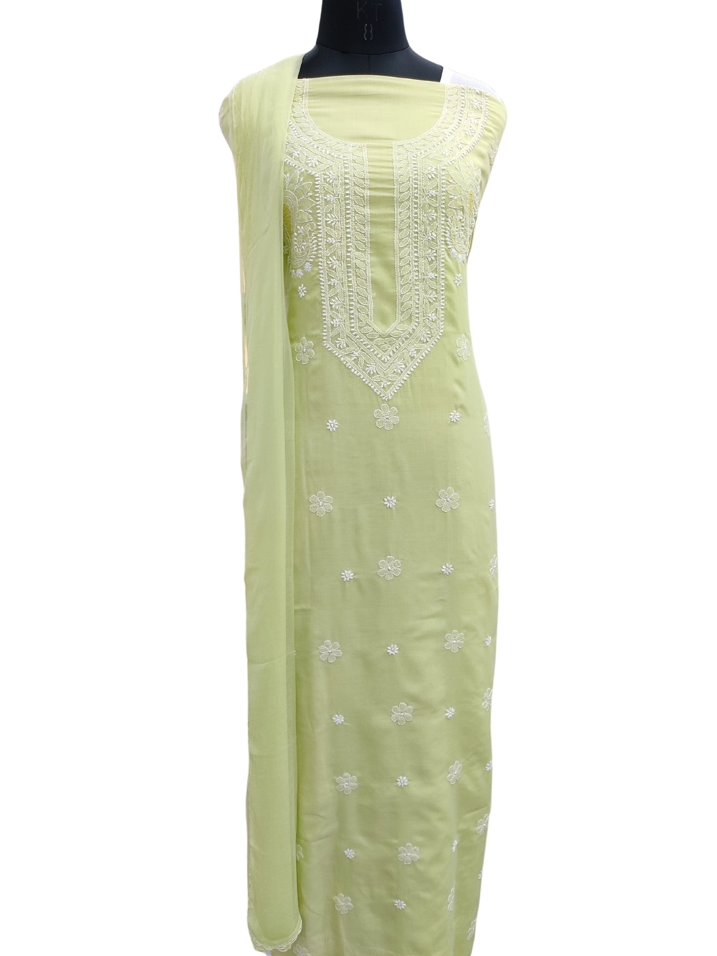 Shyamal Chikan Hand Embroidered Green Cotton Lucknowi Chikankari Unstitched Suit Piece - S25275