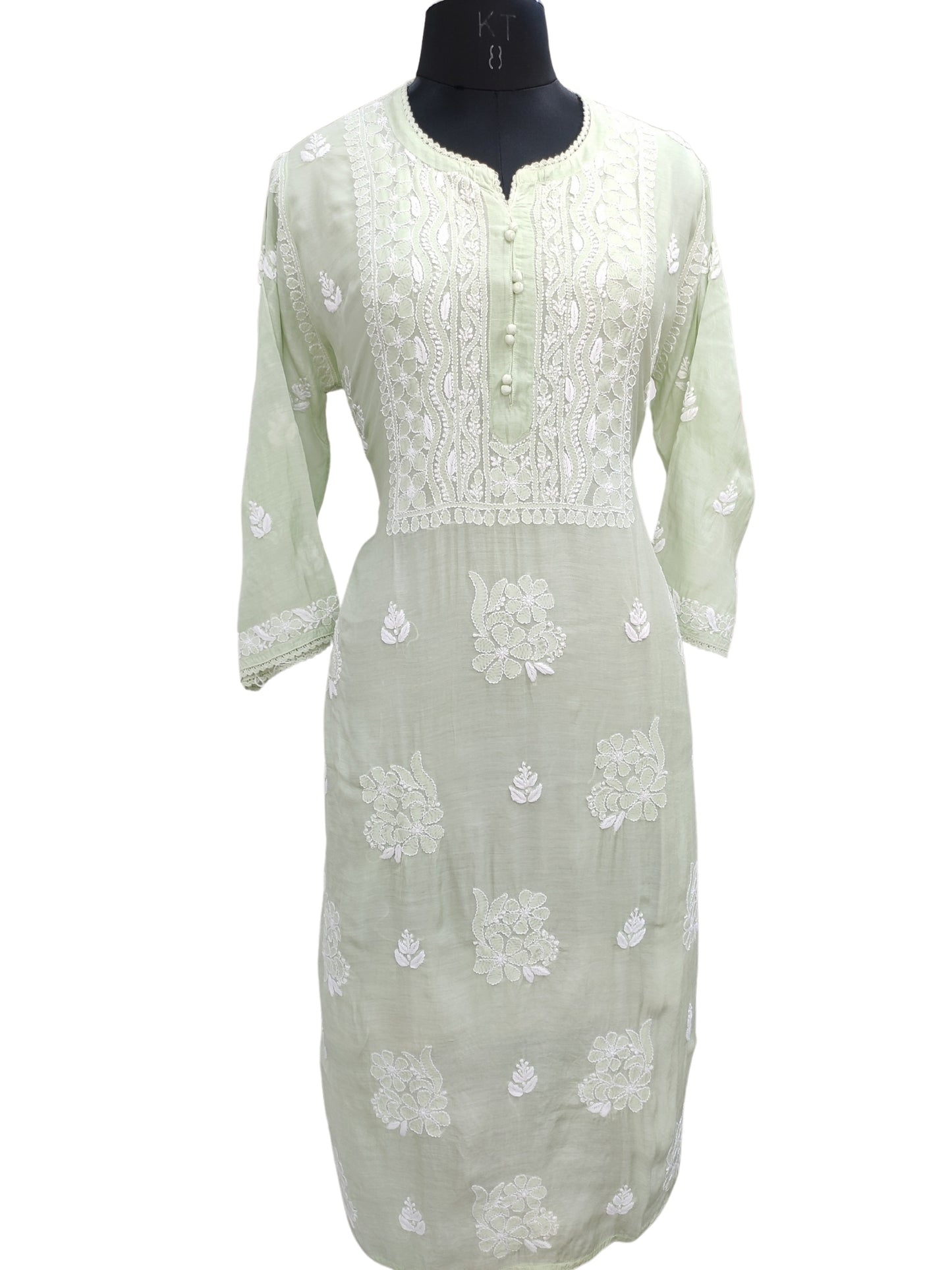 Shyamal Chikan Hand Embroidered Green Muslin Lucknowi Chikankari Kurti - S25915
