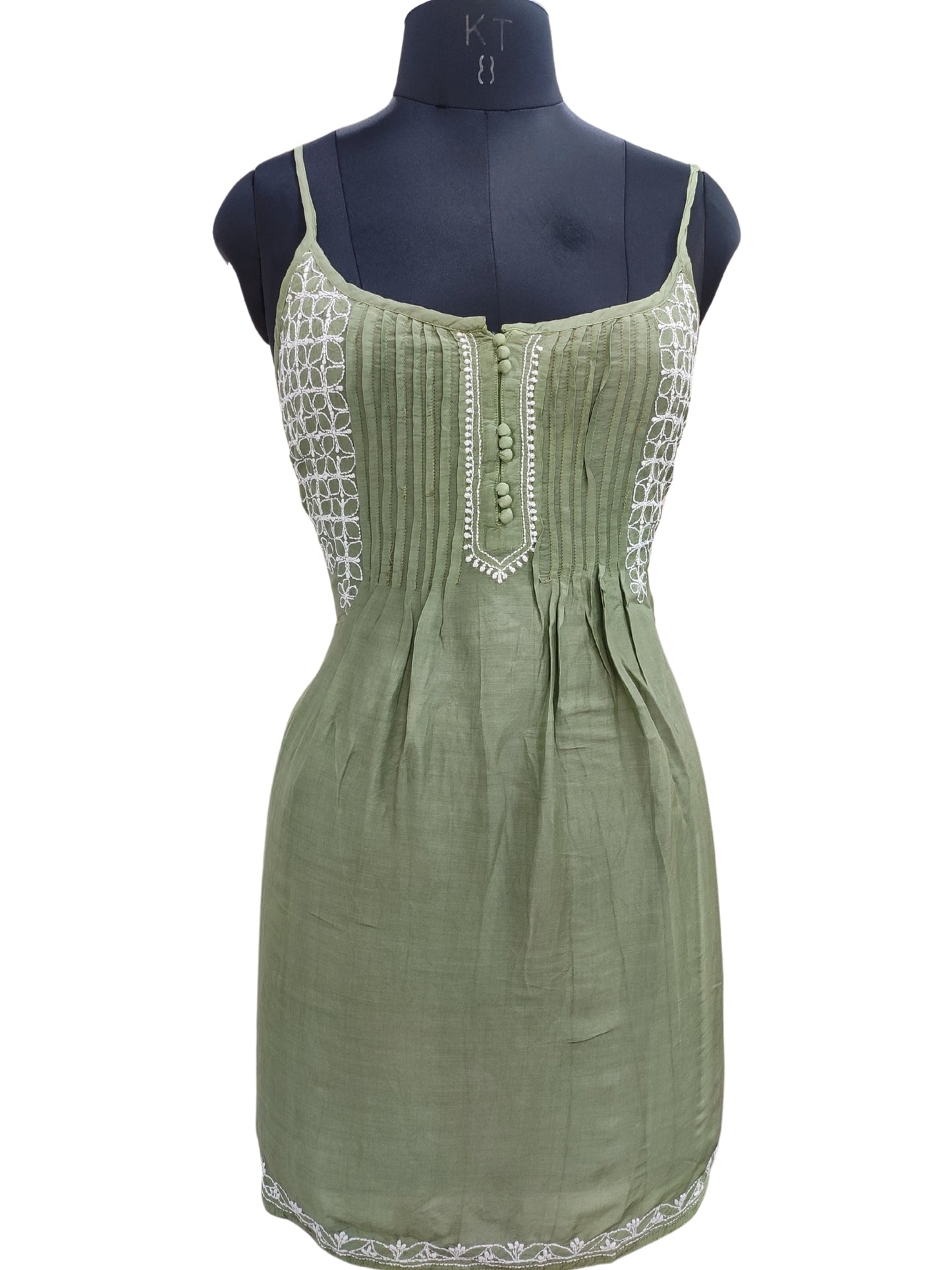 Shyamal Chikan Hand Embroidered Green Muslin Noodle Strap Lucknowi Chikankari Short Top - S25526