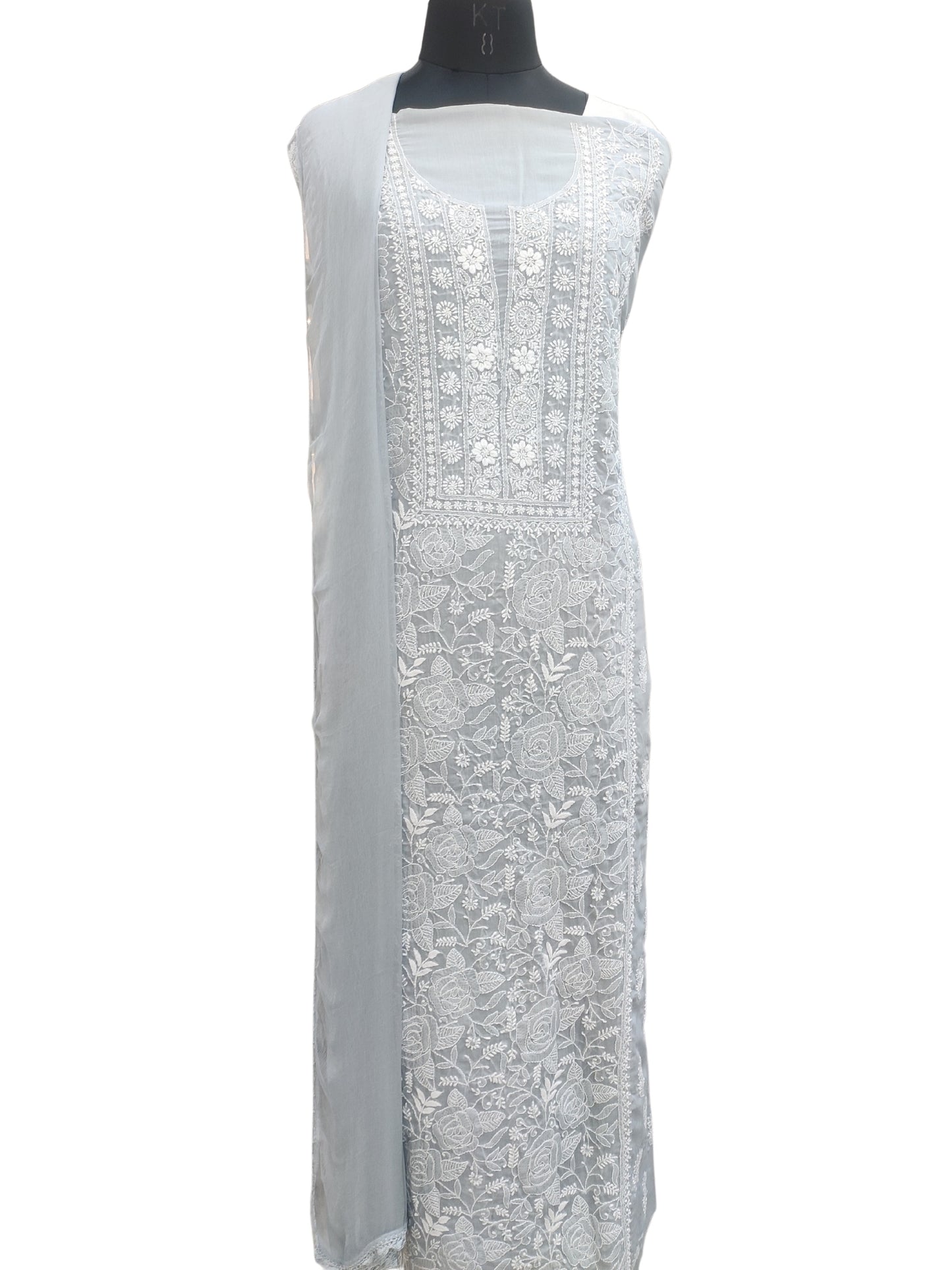 Shyamal Chikan Hand Embroidered Grey Cotton Lucknowi Chikankari Unstitched Suit Piece S26718