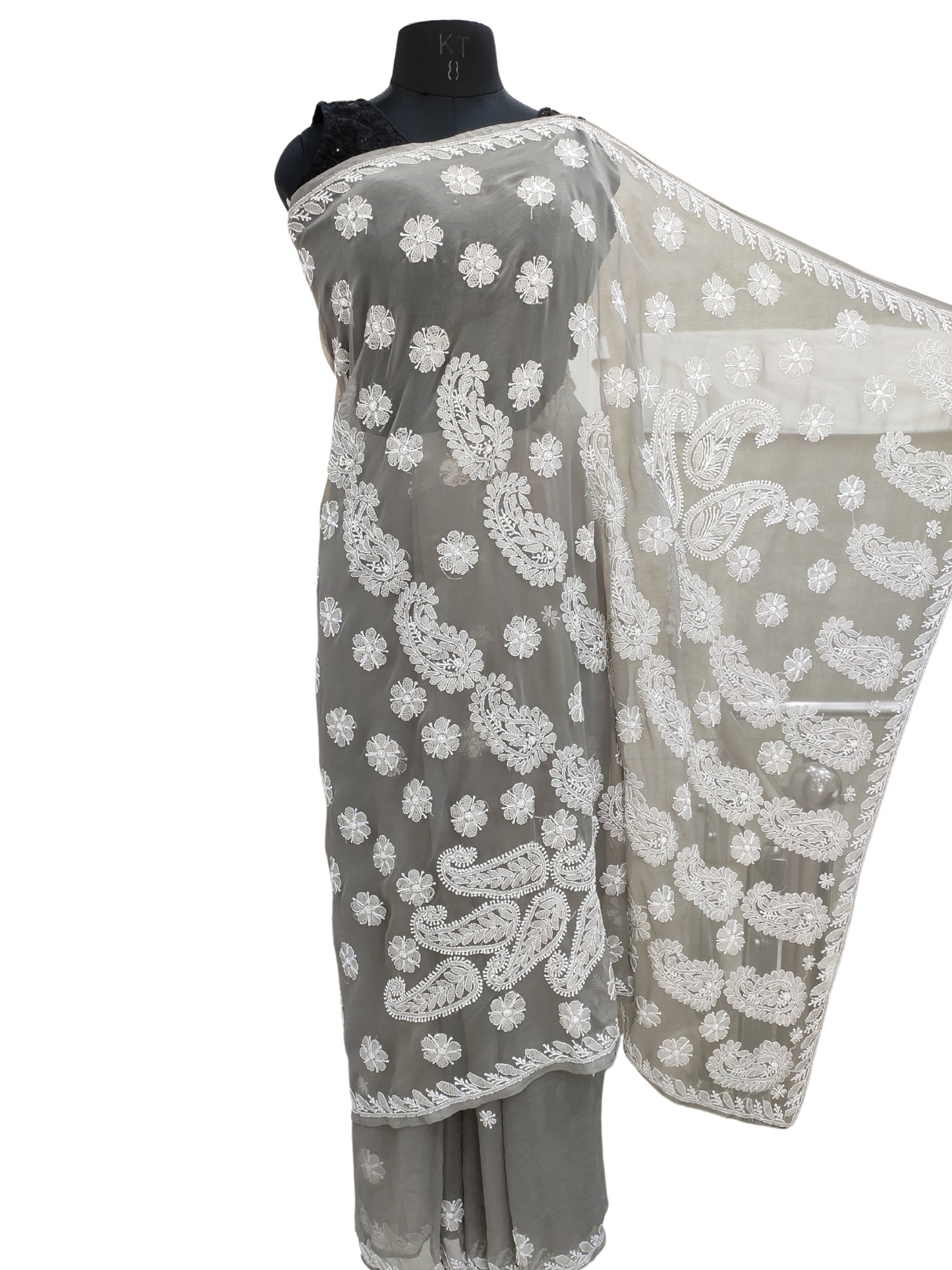 Shyamal Chikan Hand Embroidered Grey Georgette Lucknowi Chikankari Saree With Blouse Piece - S25270