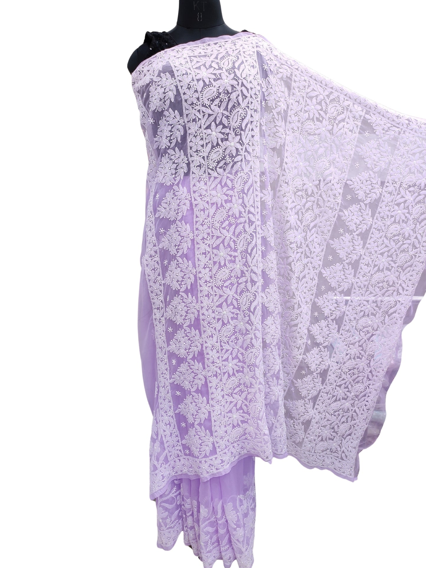 Shyamal Chikan Hand Embroidered Lavender Georgette Lucknowi Chikankari Skirt Saree With Blouse Piece - S26484