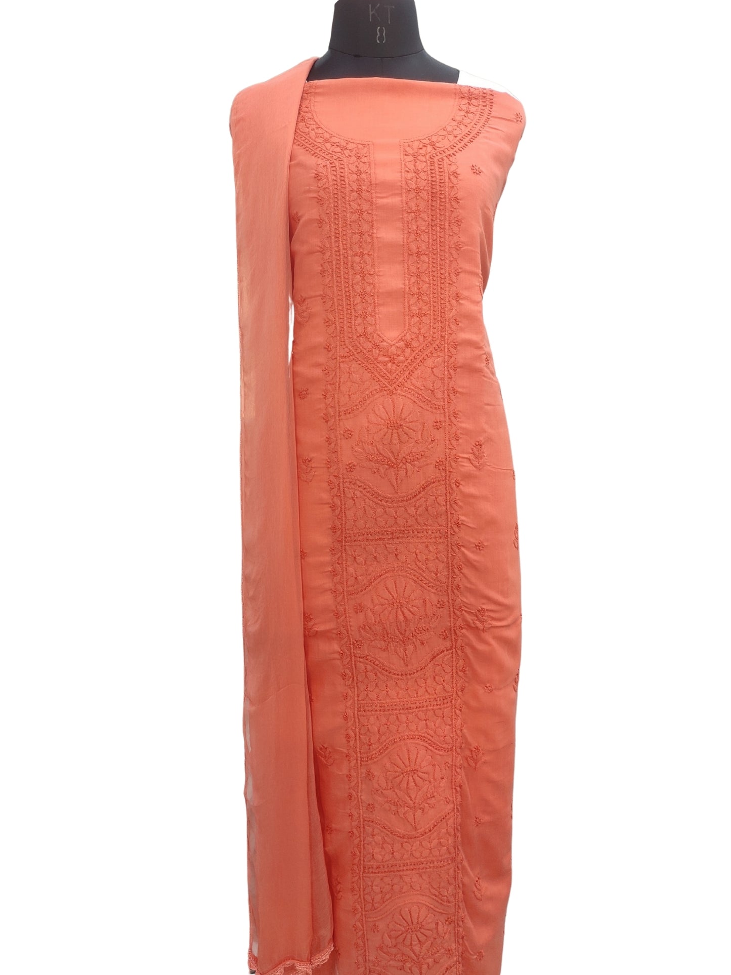 Shyamal Chikan Hand Embroidered Orange Cotton Lucknowi Chikankari Unstitched Suit Piece - S26706