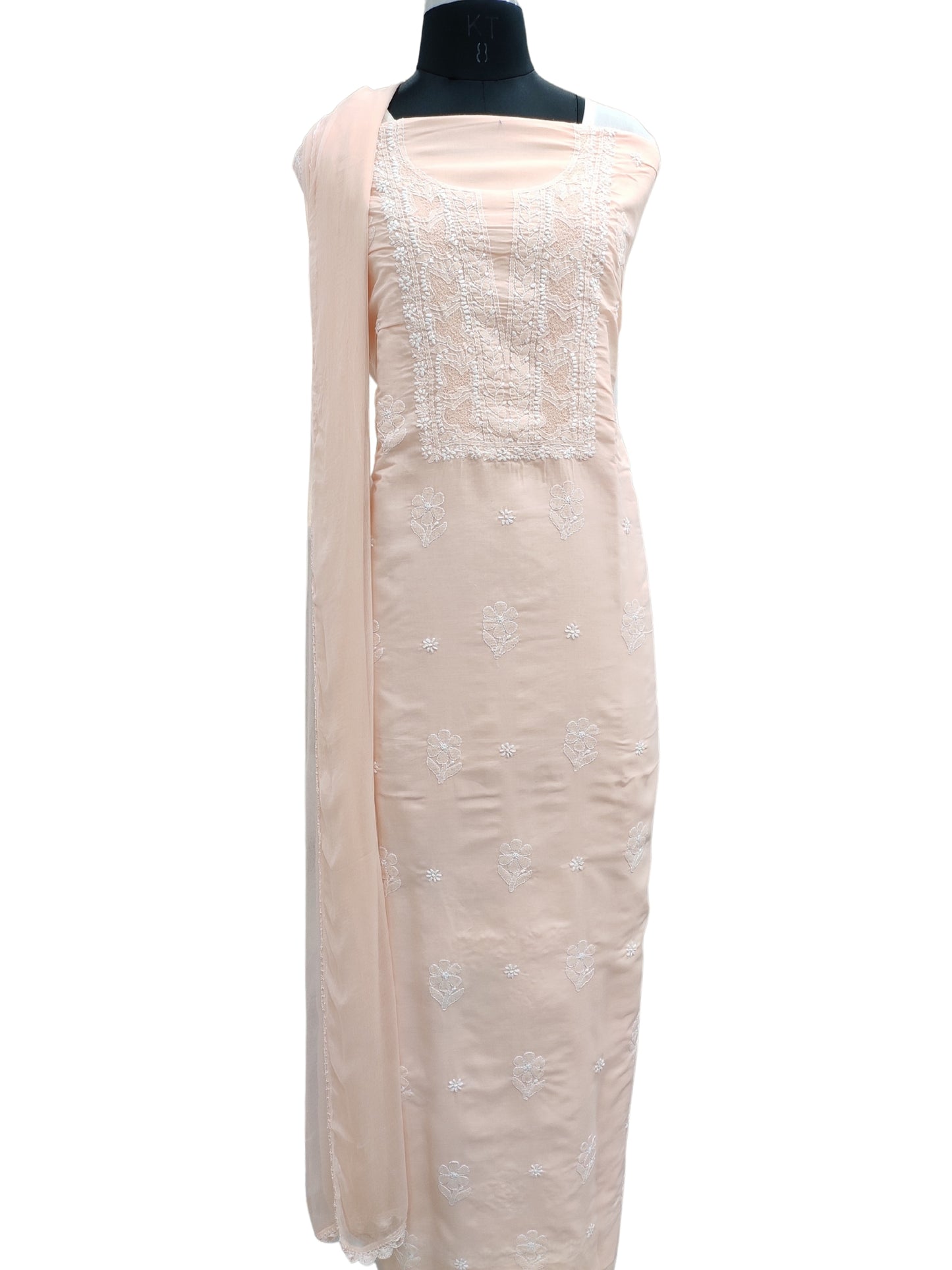 Shyamal Chikan Hand Embroidered Peach Cotton Lucknowi Chikankari Unstitched Suit Piece - S26692