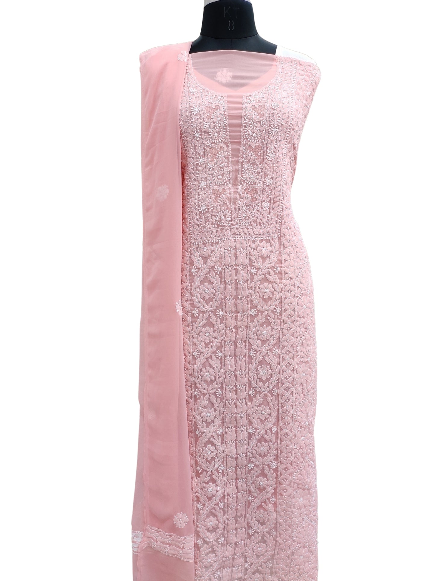 Shyamal Chikan Hand Embroidered Peach Georgette Lucknowi Chikankari Unstitched Suit Piece - S25580
