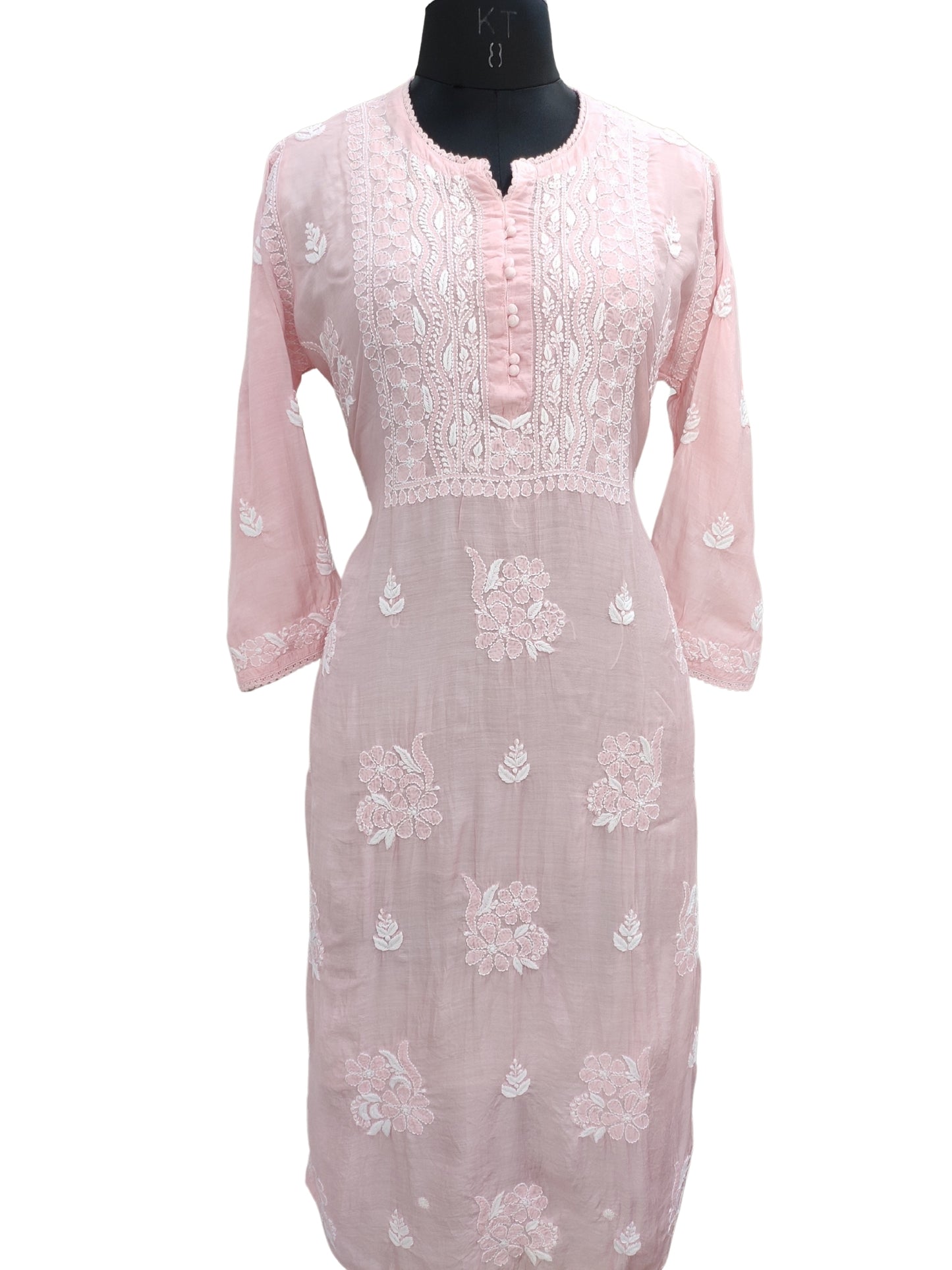 Shyamal Chikan Hand Embroidered Peach Muslin Lucknowi Chikankari Kurti - S25905